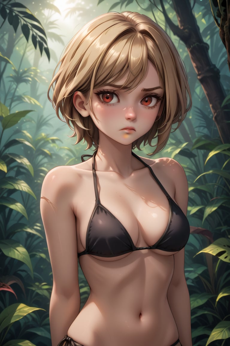 Blonde girl with short shoulder length hair and red eyes with a tired look and is dressed in a black bikini in a dark jungle setting with little sunlight.