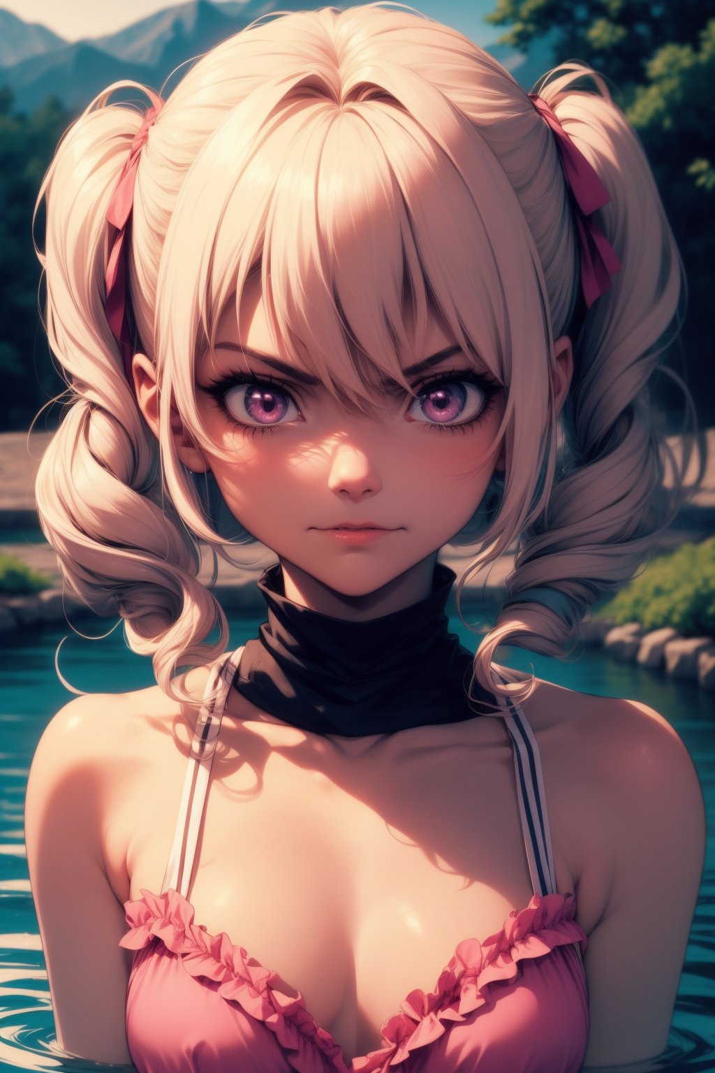 Albino girl, pink eyes, with pigtails, skin with a slight tan, in a bad mood, with a river in the background,curly pigtails,fringe,Crazy face 