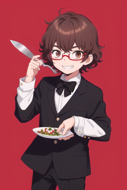 1boy, brown hair, short curly hair, brown eyes, glasses, nerd, white shirt, black bow tie, black coat, black pants, white socks, black shoes, holding a fork and a knife, red background, cannibalism, evil grin