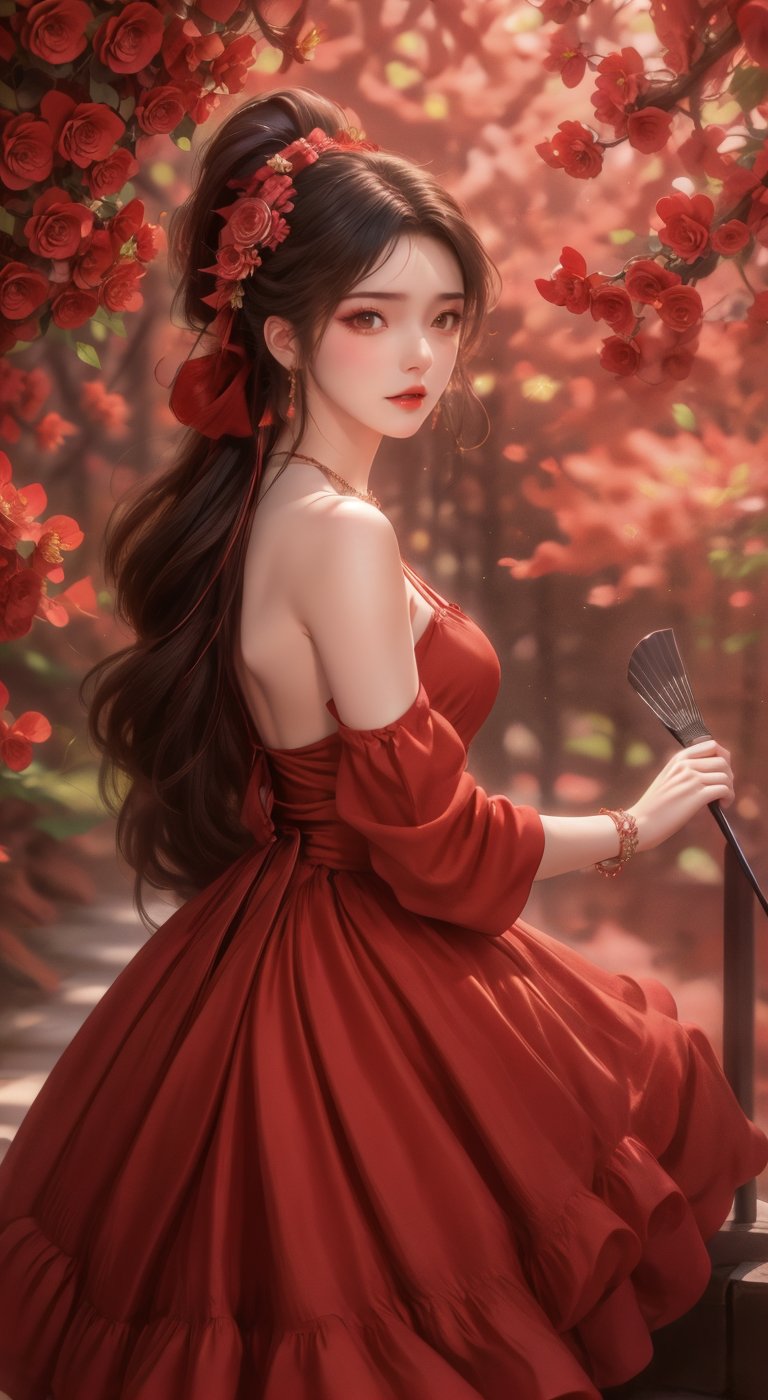 1girl, solo, long hair, brown hair, dress, holding, bare shoulders, jewelry, ponytail, flower, bracelet, red dress, hand fan, stairs, folding fan, holding fan