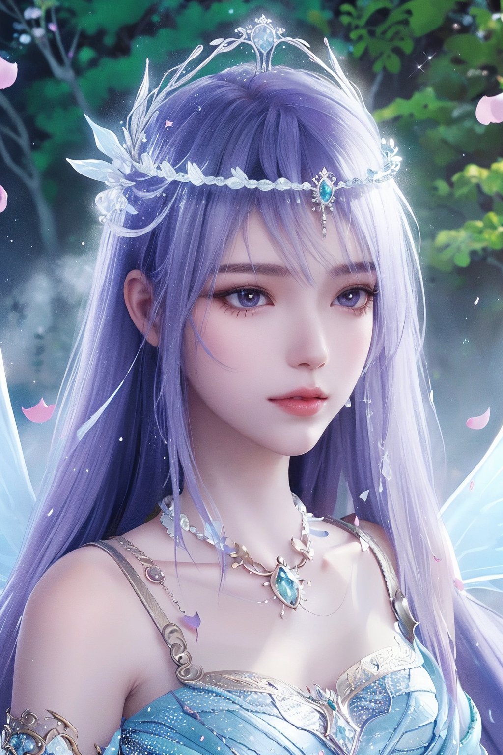 (Best Quality,4K,8K,hight resolution,masutepiece:1.2),Ultra-detailed,(Realistic,Photorealistic,Photorealsitic:1.37),Fairy queen,Shining spells,fantasy forest,Beautiful detailed eyes,Detailed lips, purple hair,enchanting atmosphere,Twinkling lights,fairy wings,Crown of delicate flowers,Magical surroundings,mystical creatures,ethereal beauty,Magic twinkle,A small piece of magic,Elegant gown,Graceful movement,Nature Spirits,Dappled sunlight,Whispering Tree々,Sparkling waterfalls,Ethereal fog,Enchanted creatures,Otherworldly aura,Soft pastel colors,soft and warm lighting,Majestic castle,pixiedust,Fascinating flowers and plants,Sparkling Crystal,dreamy ambiance,Calm and peace,Whimsical and seductive,floating flower petals,gentle wind,Captivating melodies,Hidden paths and secret groves,Glowing mushrooms,Um ser celestial,Fairy Dust