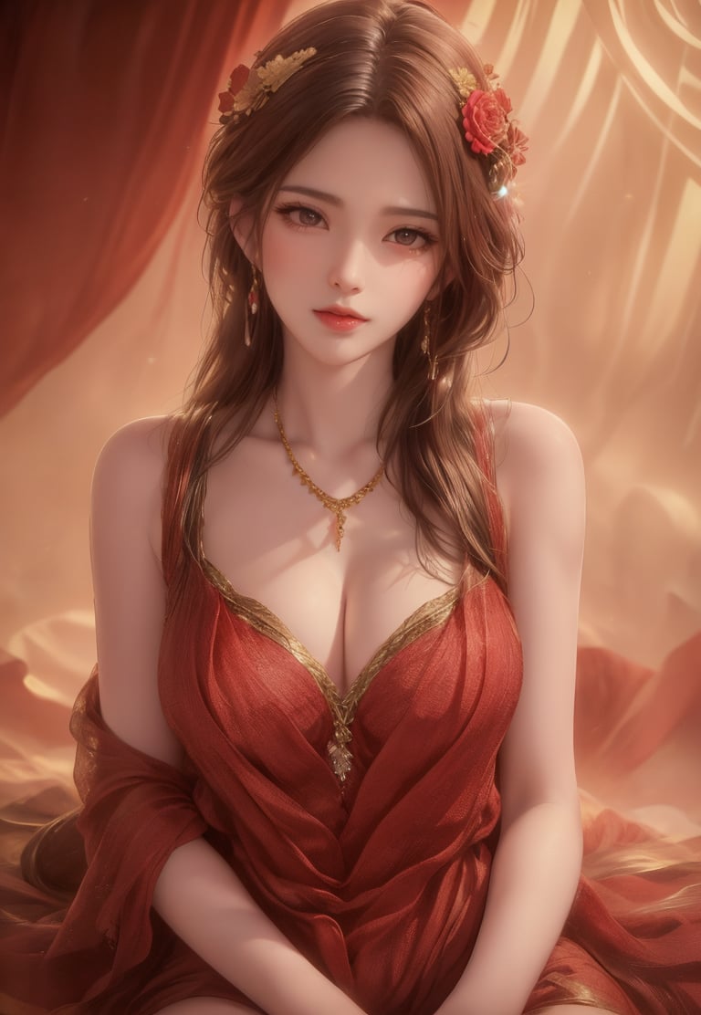 (Best quality,8K,A high resolution,Masterpiece:1.2),Ultra-detailed,(Realistic,Photorealistic,photo-realistic:1.37),Portrait,Creative style artwork,Historical,classical,Sophisticated,plethora of colors,Highly detailed,Soft lighting,luxurious environment,detailed gown,Vibrant flowers,detailed jewellery,Ethereal atmosphere,Elegant Pose,red dress,Graceful curves,Gold body proportions,Flowing hair,Breathtaking textile patterns,Harsh purple eyes,Delicate floral decoration,A dazzling array of crystal accessories,Mysterious and dreamy atmosphere,