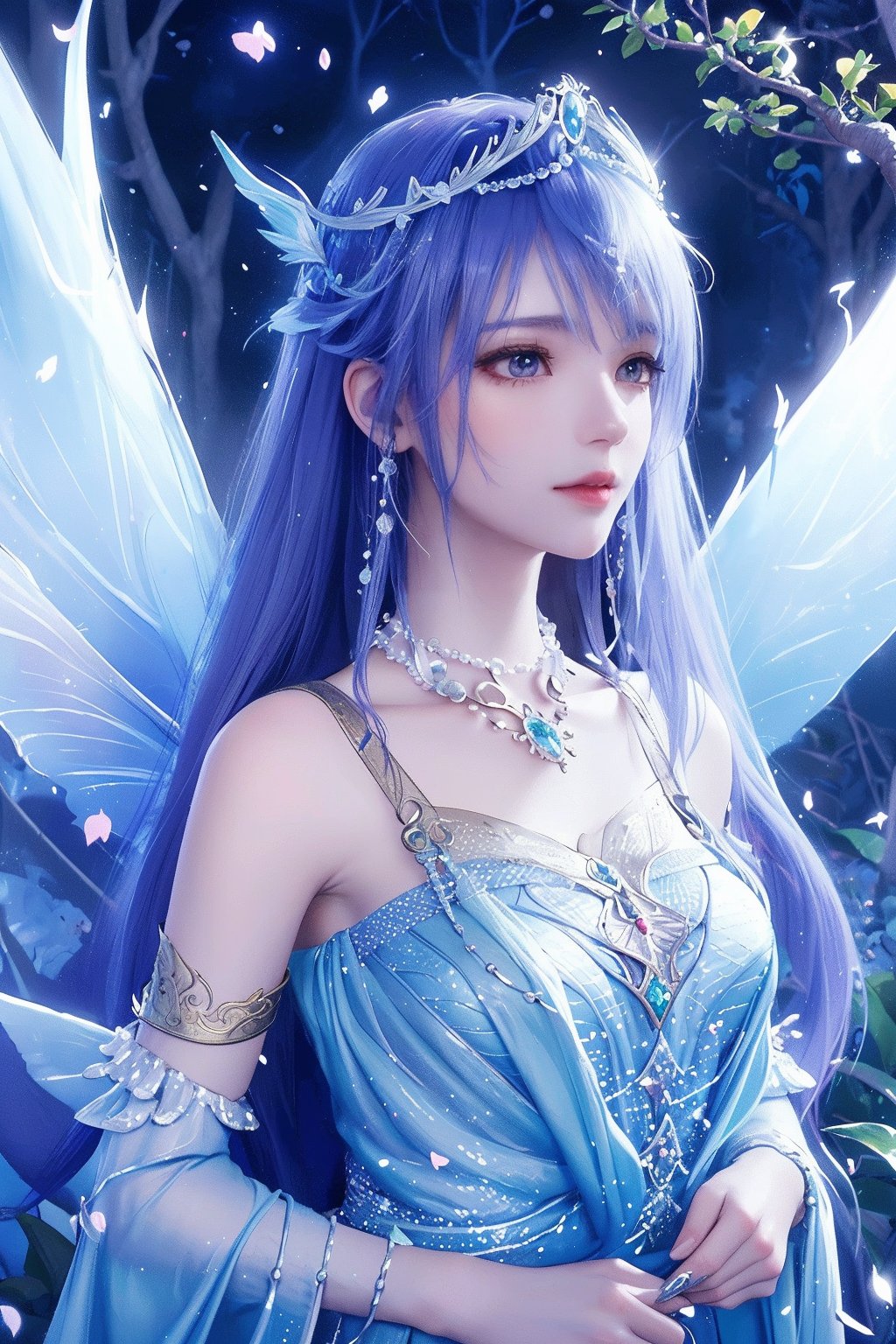 (Best Quality,4K,8K,hight resolution,masutepiece:1.2),Ultra-detailed,(Realistic,Photorealistic,Photorealsitic:1.37),Fairy queen,Shining spells,fantasy forest,Beautiful detailed eyes,Detailed lips, purple hair,enchanting atmosphere,Twinkling lights,fairy wings,Crown of delicate flowers,Magical surroundings,mystical creatures,ethereal beauty,Magic twinkle,A small piece of magic,Elegant gown,Graceful movement,Nature Spirits,Dappled sunlight,Whispering Tree々,Sparkling waterfalls,Ethereal fog,Enchanted creatures,Otherworldly aura,Soft pastel colors,soft and warm lighting,Majestic castle,pixiedust,Fascinating flowers and plants,Sparkling Crystal,dreamy ambiance,Calm and peace,Whimsical and seductive,floating flower petals,gentle wind,Captivating melodies,Hidden paths and secret groves,Glowing mushrooms,Um ser celestial,Fairy Dust