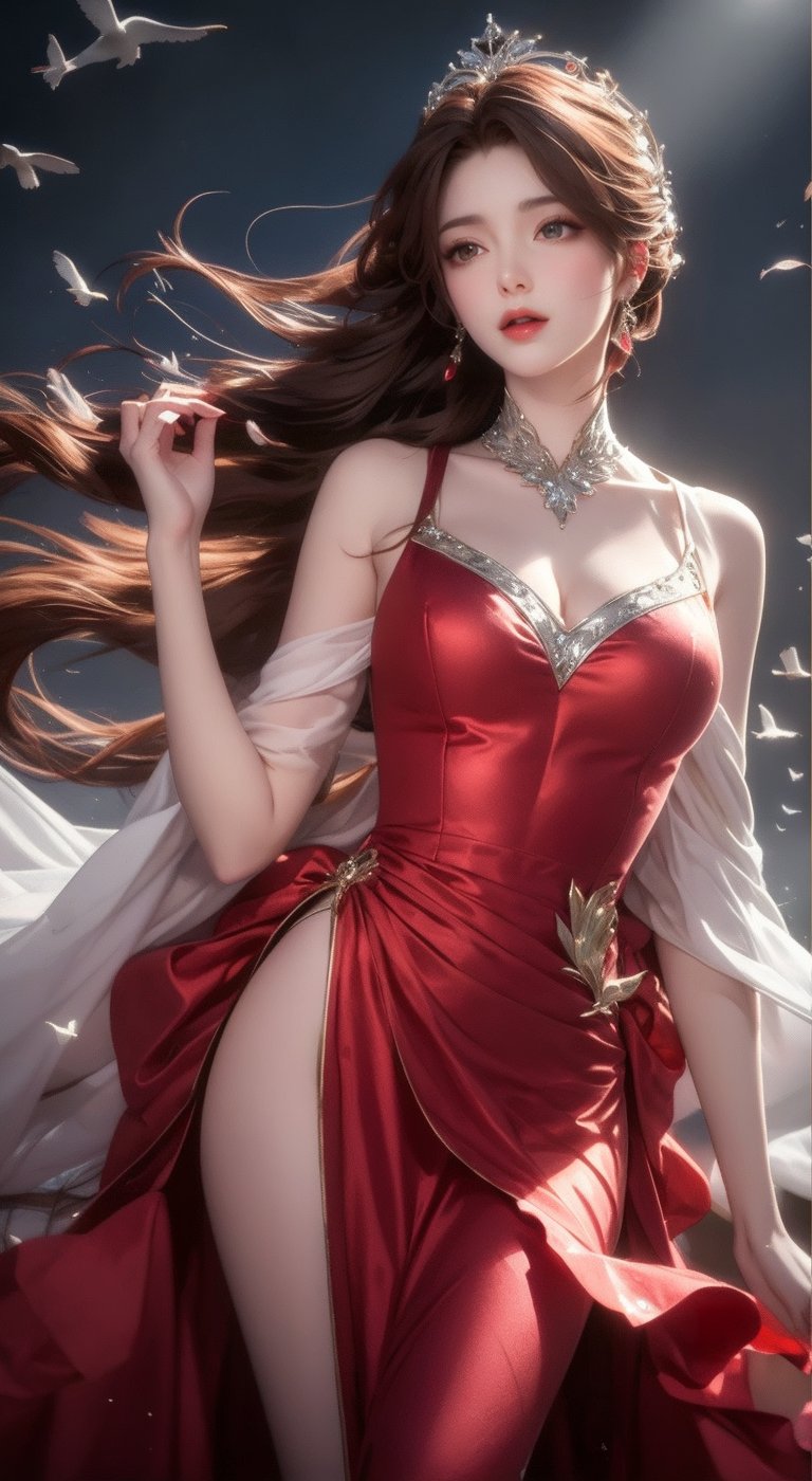 a medium-sized painting of a woman in a red dress, adorned with a crown, is holding a sword in her right hand. Her left hand is positioned on her hip, while her right arm is draped in a flowing red dress. The woman's hair is long and cascades in a ponytail, adding a touch of movement to her face. The background is a mix of gray and white, with a bird flying in the upper right corner of the frame.