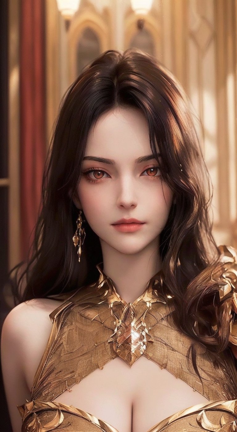 (Best quality,8K,A high resolution,Masterpiece:1.2),Ultra-detailed,(Realistic,Photorealistic,photo-realistic:1.37),Portrait,Creative style artwork,Historical,classical,Sophisticated,plethora of colors,Highly detailed,Soft lighting,luxurious environment,detailed gown,Vibrant flowers,detailed jewellery,Ethereal atmosphere,Elegant Pose,black dress,Graceful curves,Gold body proportions,Flowing hair,Breathtaking textile patterns,Harsh red  eyes,Delicate floral decoration,A dazzling array of crystal accessories,Mysterious and dreamy atmosphere,