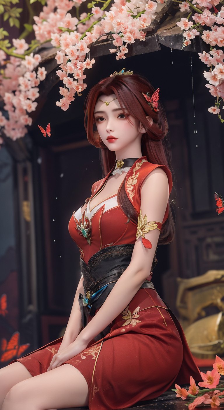 Sweet girl clothes8,(gem:1.3),, ((knee shot)), One hand resting on his lips、There are red butterfly orchids around the hair,Lilac dendrobium、orange lily、red lilies、1 girl in、fully body photo、Black hair, red dress、floated hair、Hazy beauty、A plump chest, Chopping, Have extremely beautiful facial features、Hairpin on the head、Lie in the flowers、Drag your chin with both hands、perfect hand、rosette、(springtime、raining day、butterflys、precipice)、 vectorial art、Chinese contemporary art、Soft lighting、intertwined scarves、looking-down