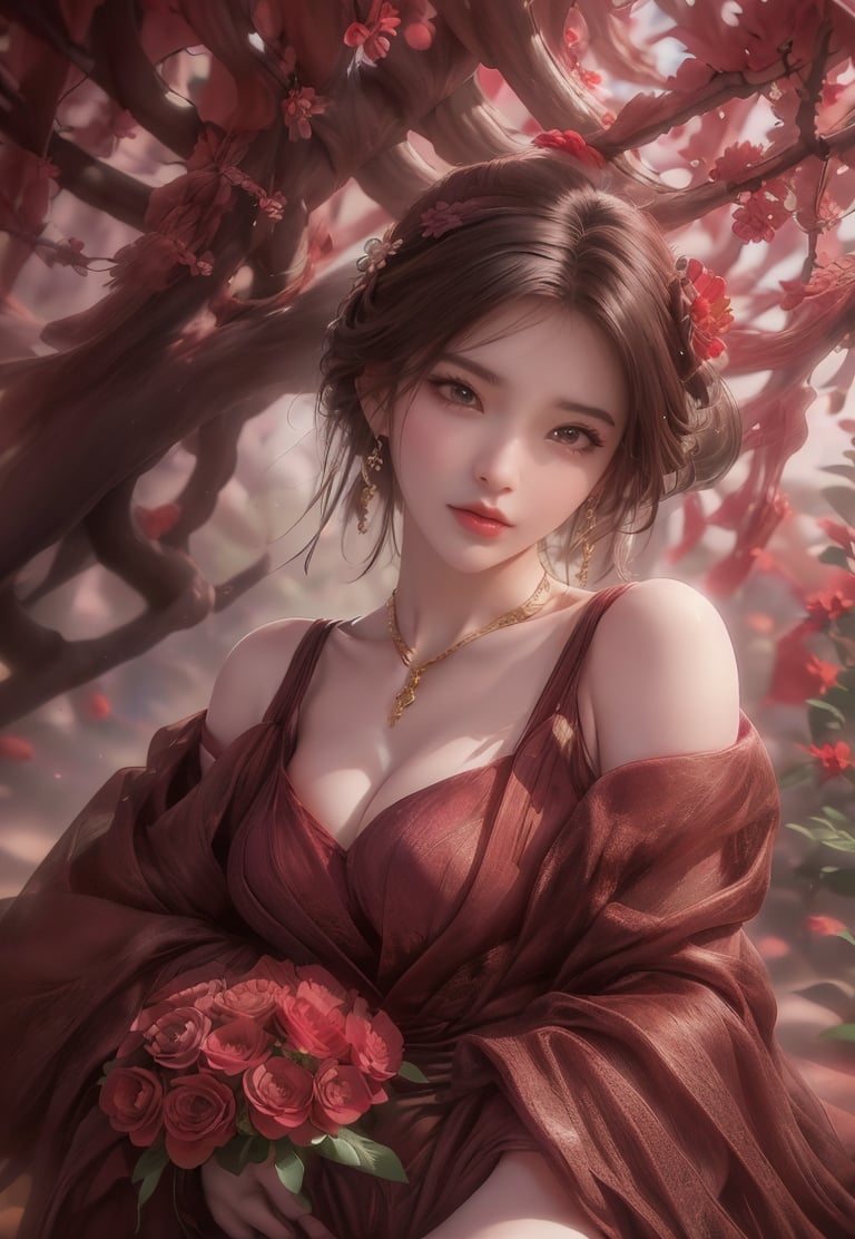 (Best quality,8K,A high resolution,Masterpiece:1.2),Ultra-detailed,(Realistic,Photorealistic,photo-realistic:1.37),Portrait,Creative style artwork,Historical,classical,Sophisticated,plethora of colors,Highly detailed,Soft lighting,luxurious environment,detailed gown,Vibrant flowers,detailed jewellery,Ethereal atmosphere,Elegant Pose,red dress,Graceful curves,Gold body proportions,Flowing hair,Breathtaking textile patterns,Harsh purple eyes,Delicate floral decoration,A dazzling array of crystal accessories,Mysterious and dreamy atmosphere,