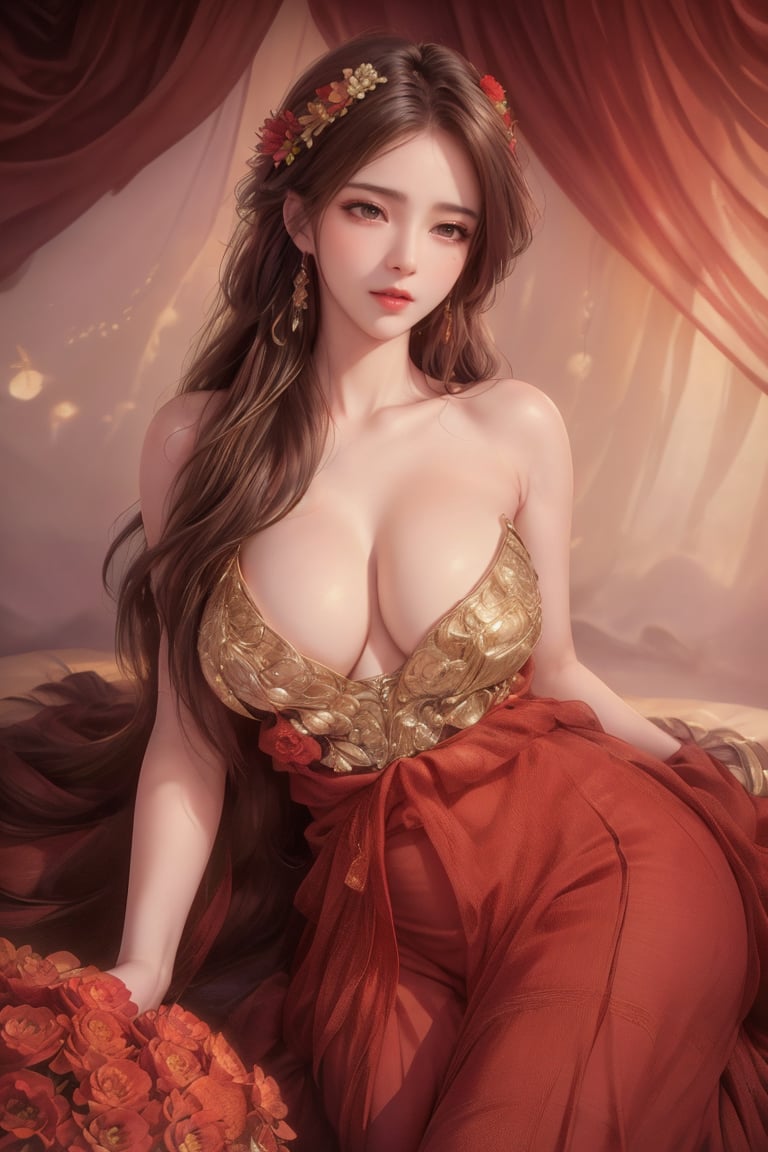 (Best quality,8K,A high resolution,Masterpiece:1.2),Ultra-detailed,(Realistic,Photorealistic,photo-realistic:1.37),Portrait,Creative style artwork,Historical,classical,Sophisticated,plethora of colors,Highly detailed,Soft lighting,luxurious environment,detailed gown,Vibrant flowers,detailed jewellery,Ethereal atmosphere,Elegant Pose,red dress,Graceful curves,Gold body proportions,Flowing hair,Breathtaking textile patterns,Harsh purple eyes,Delicate floral decoration,A dazzling array of crystal accessories,Mysterious and dreamy atmosphere,