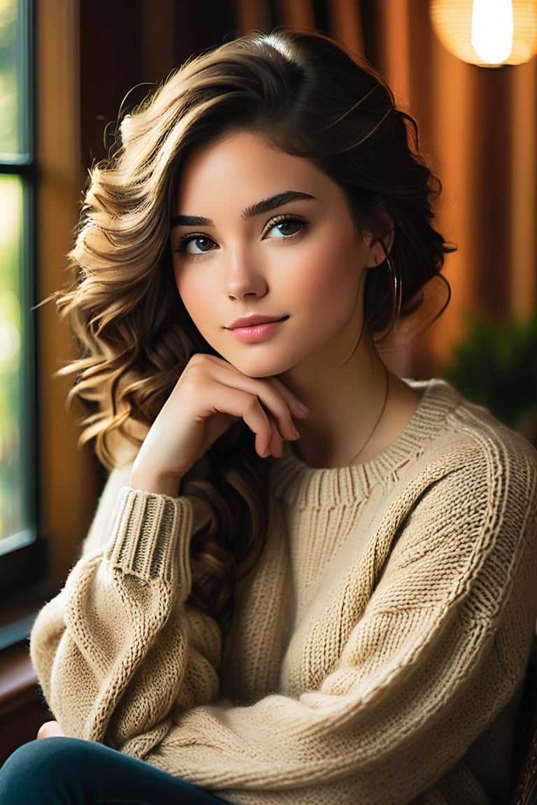 A serene portrait of a beautiful young woman. She sits cozily, wearing a soft knit sweater, her hand resting gently on her cheek as she directs a direct gaze at the viewer. Soft natural lighting casts a warm glow on her features, complementing the comforting indoor setting and relaxed atmosphere. Her slight smile adds to the peaceful ambiance, while high detail skin texture and realistic hair strands create a photorealistic image of utmost quality, rendered in stunning 8K resolution.