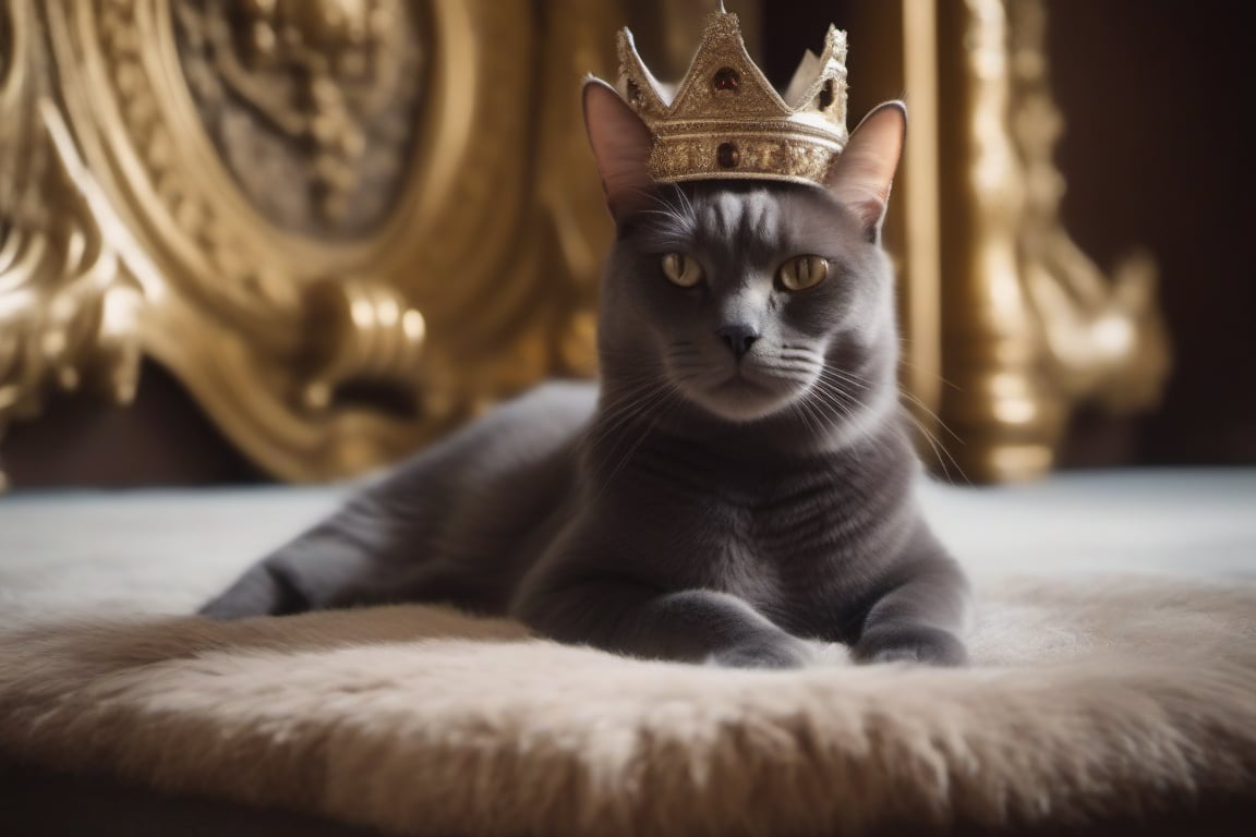 CAT WEARS CROWN IN PALACE