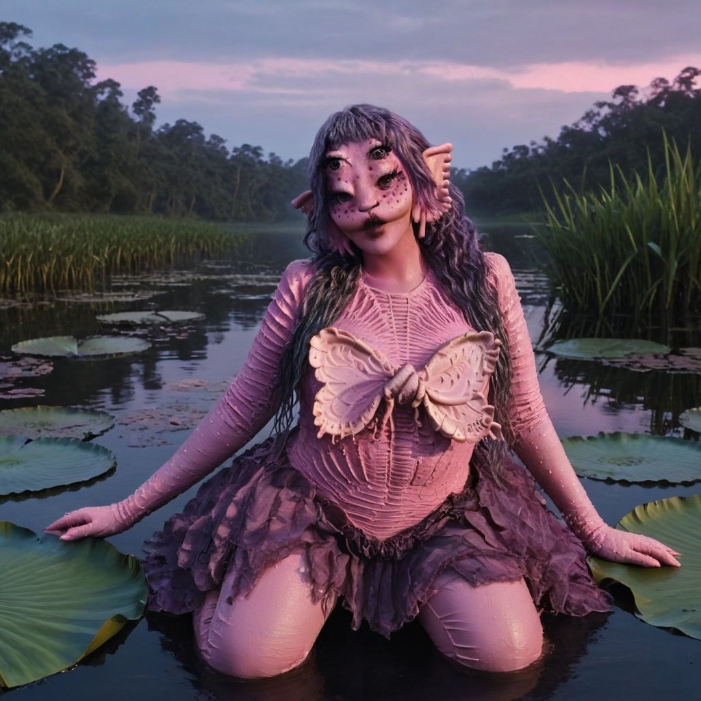 Pink and purple makeup, gorgeous makeup, a girl, a girl who is inside a sea at night, she is sitting on a large water lily trying not to fall into the sea where there are black leeches and pink leeches, leeches00, pink skin, four eyes, Full body, dark pink short curly hair, cured and detailed outfit, her hair is long and wavy, her hair is long, 4k, 18k, hairstyle, perfect face, Melanie, Adele, Long hair, masterpiece high quality 18K, Hyperrealism , Realistic vision, rosy cheeks, realistic woman, a girl, Woman, best quality, woman, high quality, good lighting, A woman, forest00, Long hair, Pink skin, four eyes, Fancy, model, A woman. Pink and purple makeup, gorgeous makeup, long train skirt, night00, pink skin, four eyes, Full body, a girl, dark pink short curly hair, cured and detailed outfit, her hair is long and wavy, her hair is long, 4k , 18k, hairstyle, perfect face, Melanie, Adele, Long hair, masterpiece high quality 18K, Hyperrealism, Realistic vision, rosy cheeks, realistic woman, a girl, Woman, best quality, woman, high quality, good lighting, A woman, sea00, Long hair, Pink skin, four eyes, Fancy, model, A woman,Big Quality, Masterpiece, High Quality,Melanie Martinez, Beautiful, 1girl,4 eyes, Nymph, Pink Skin