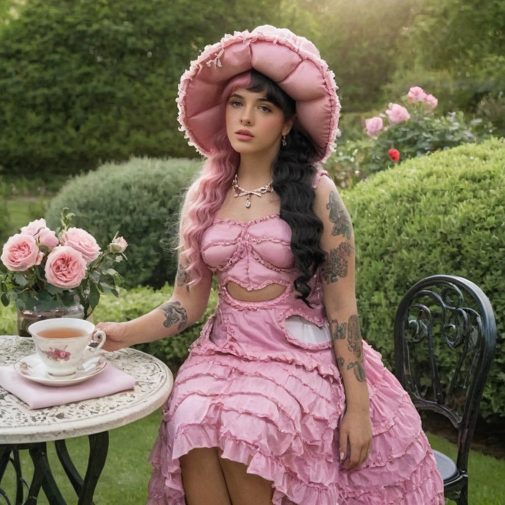 a girl who is sitting at a table ready for a tea hour, she along with the chairs and table is outside so in the background there is a beautiful garden with flowers, she wears a pink dress and a pink hat that matches her dress, the girl has fluffy pink and black hair ,black split dye, 4k, 18k, hairstyle, perfect face, After School, Melanie, Adele, Long hair, masterpiece high quality 18K, Hyperrealism, Realistic vision, rosy cheeks, realistic woman, a girl, Woman, best quality, woman, high quality, good lighting, A woman, with split hair, After School, girl, beauty, a girl who is sitting at a table ready for a tea hour, she along with the chairs and table is Outside, in the background there is a beautiful garden with flowers, she wears a pink dress and a pink hat that matches her dress, she has pink and black curly fluffy hair, black split dye, garden, tea time, elegant table , elegant chairs, elegant tea cups and roses, garden, flowers, bushes, pink, elegant, tea time in the garden