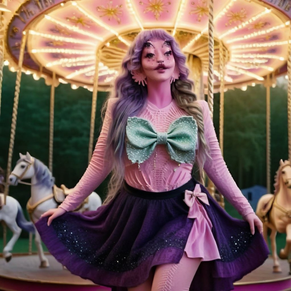 masterpiece, (photorealistic:1.4), realistic, depth of field, ((split-dye hair half green half black)), Beautiful sunlight, perfect brown eyes, pretty, beautiful, perfect nose, in a beautiful magenta-ish-purple shirt, and a pink skirt that's about knee long, space like starry background, Riding a horse on a carousel, Wearing a big white bow, purple lipstick, pretty makeup, beautiful makeup. Pink and purple makeup, gorgeous makeup, Standing, in a empty place with candles long train skirt, void00, pink skin, four eyes, Full body, wearing a black detailed crotchet hat with two small blackcrotchet horns, crotchet hat with small crotchet horns, a girl , dark pink short curly hair, cured and detailed outfit, her hair is long and wavy, her hair is long, 4k, 18k, hairstyle, perfect face, Melanie, Adele, Long hair, masterpiece high quality 18K, Hyperrealism, Realistic vision, rosy cheeks, realistic woman, a girl, Woman, best quality, woman, high quality, good lighting, A woman,void00, Long hair, Pink skin, four eyes, Fancy, model, A woman