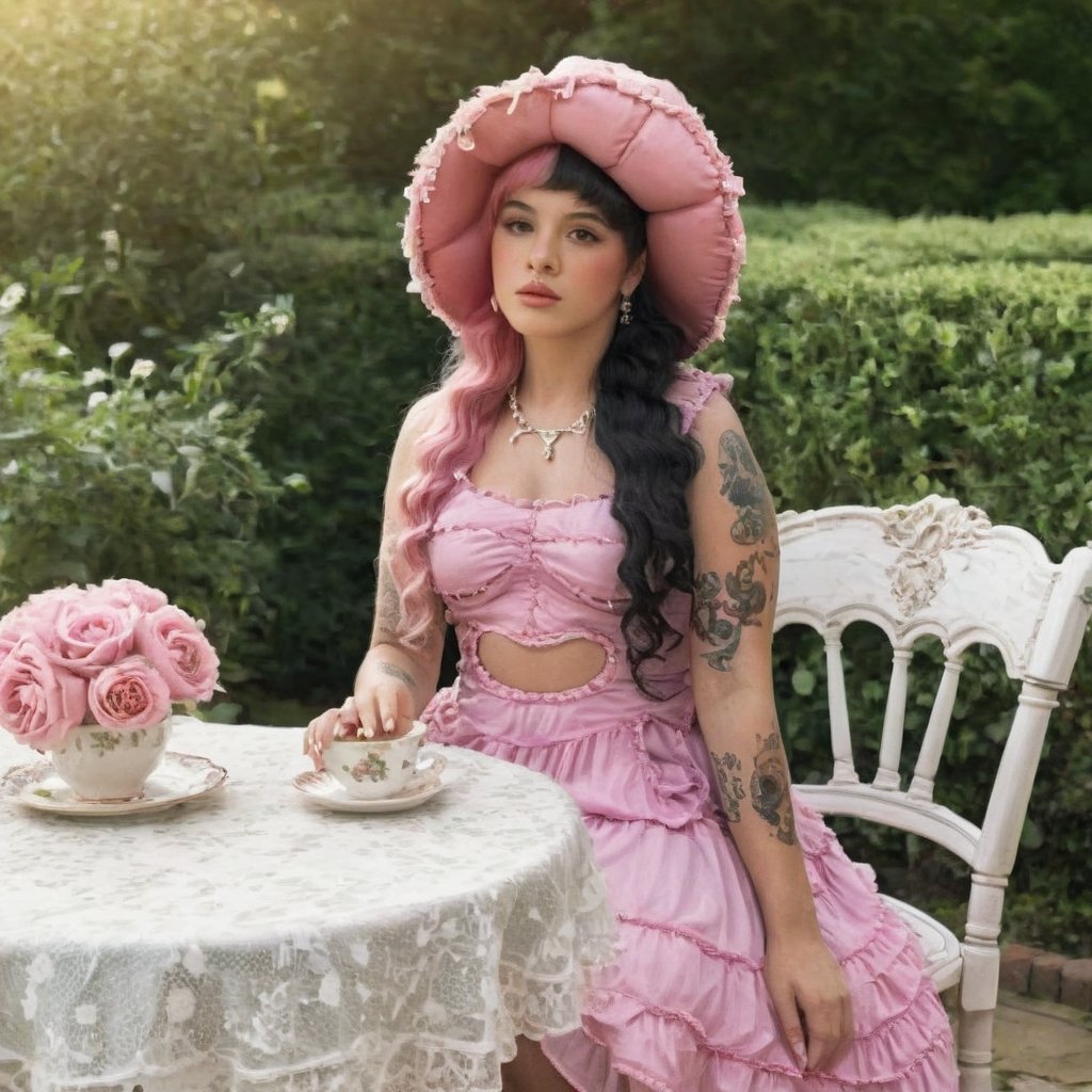 a girl who is sitting at a table ready for a tea hour, she along with the chairs and table is outside so in the background there is a beautiful garden with flowers, she wears a pink dress and a pink hat that matches her dress, the girl has fluffy pink and black hair ,black split dye, 4k, 18k, hairstyle, perfect face, After School, Melanie, Adele, Long hair, masterpiece high quality 18K, Hyperrealism, Realistic vision, rosy cheeks, realistic woman, a girl, Woman, best quality, woman, high quality, good lighting, A woman, with split hair, After School, girl, beauty, a girl who is sitting at a table ready for a tea hour, she along with the chairs and table is Outside, in the background there is a beautiful garden with flowers, she wears a pink dress and a pink hat that matches her dress, she has pink and black curly fluffy hair, black split dye, garden, tea time, elegant table , elegant chairs, elegant tea cups and roses, garden, flowers, bushes, pink, elegant, tea time in the garden