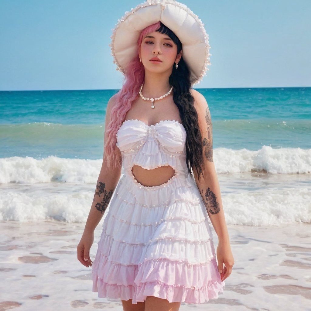 a girl who is entering the sea on a beach, she wears a beautiful long white dress with a white hat with pearls for decoration, the girl has fluffy pink hair black split dye, 4k, 18k, hairstyle, perfect face, After School, Melanie , Adele, Long hair, masterpiece high quality 18K, Hyperrealism, Realistic vision, rosy cheeks, realistic woman, a girl, Woman, best quality, woman, high quality, good lighting, A woman, with split hair, After School, girl, beauty, a girl who is entering the sea on a beach, the girl has fluffy, curly, black split dye pink and black hair, she has a big and beautiful white dress with a white hat, decorated with pearls, she even has a pearl in her right hand, sea, beach, pearls, white dress with pearls, white hat with pearls, pearls, pearls, mother of pearl, sea of ​​pearls