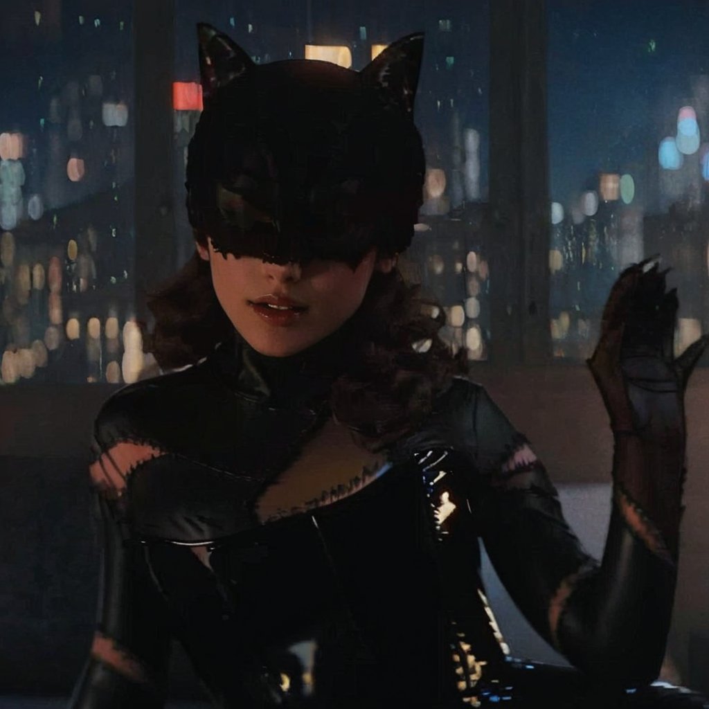 a girl who is in an office at night, she has a black dress with cat ears, cat woman, tight suit, tight suit that covers her eyes, the girl has short and curly caramel brown hair, 4k, 18k, hairstyle, perfect face, The Boy is Mine, Eternal Sunshine, Ariana , Grande, Ariana Grande, Long hair, masterpiece high quality 18K, Hyperrealism, Realistic vision, rosy cheeks, realistic woman, a girl, Woman, best quality, woman, high quality, good lighting, A woman, with curly fluffy short hair, The Boy is Mine, girl, beauty, a girl who is in the office at night in a big city like New York or Miami, she has a tight black elastic suit like Cat Woman's , she has curly, short and fluffy dark caramel hair, Black Cat, Cat Woman, black tight suit, cat suit, black cat suit, New York, night, night office, black gloves, Cat Woman, Cat Woman suit, The Boy is Mine,Cat woman