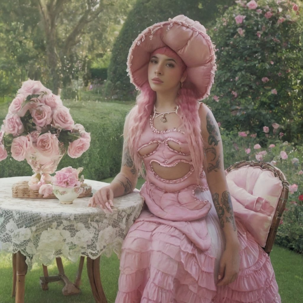 a girl who is sitting at a table ready for a tea hour, she along with the chairs and table is outside so in the background there is a beautiful garden with flowers, she wears a pink dress and a pink hat that matches her dress, the girl has fluffy pink hair black split dye, 4k, 18k, hairstyle, perfect face, After School, Melanie, Adele, Long hair, masterpiece high quality 18K, Hyperrealism, Realistic vision, rosy cheeks, realistic woman, a girl, Woman, best quality, woman, high quality, good lighting, A woman, with split hair, After School, girl, beauty, a girl who is sitting at a table ready for a tea hour, she along with the chairs and table is Outside, in the background there is a beautiful garden with flowers, she wears a pink dress and a pink hat that matches her dress, she has pink and black curly fluffy hair, black split dye, garden, tea time, elegant table , elegant chairs, elegant tea cups and roses, garden, flowers, bushes, pink, elegant, tea time in the garden