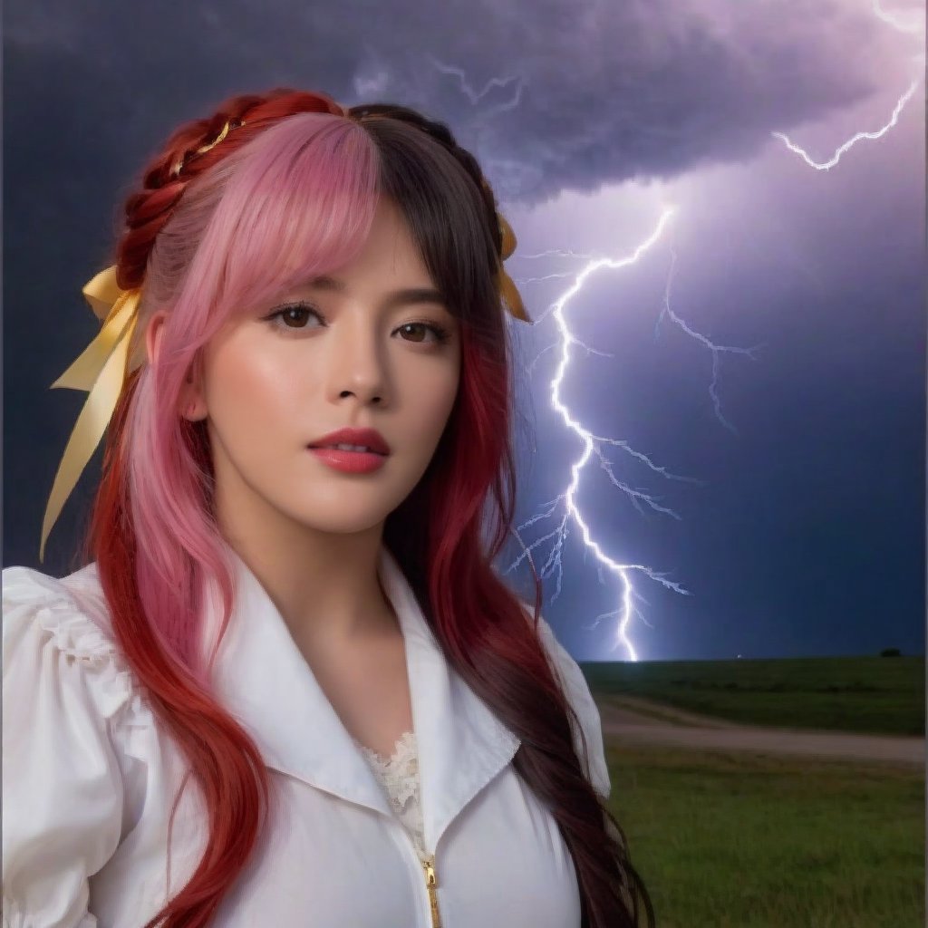 Prompt: a girl who is playing with a red kite, in a storm with lightning, the girl has fluffy pink hair black split dye, 4k, 18k, hairstyle, perfect face, After School, Melanie, Adele, Long hair, masterpiece high quality 18K, Hyperrealism, Realistic vision, rosy cheeks, realistic woman, a girl, Woman, best quality, woman, high quality, good lighting, A woman, with split hair, After School, girl, beauty, a girl who is playing with a red comet in the middle of a storm with lightning, lightning, storm, test me, test me, test me, jester, jester, jester, red comet, comet, electrocution, lightning