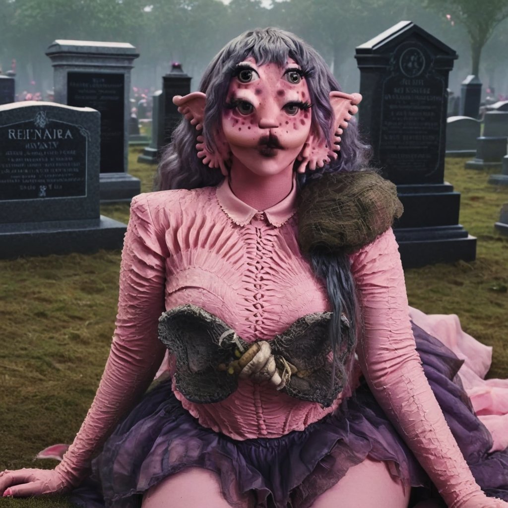 Pink and purple makeup, gorgeous makeup, a girl who is sitting next to a grave, death00, pink skin, four eyes, Full body, dark pink short curly hair, cured and detailed outfit, her hair is long and wavy, her hair is long, 4k, 18k, hairstyle, perfect face, Melanie, Adele, Long hair, masterpiece high quality 18K, Hyperrealism, Realistic vision, rosy cheeks, realistic woman, a girl, Woman, best quality, woman, high quality, good lighting , A woman, tumba00, Long hair, Pink skin, four eyes, Fancy, model, A woman. Pink and purple makeup, gorgeous makeup, long train skirt, death00, pink skin, four eyes, Full body, a girl, dark pink short curly hair, cured and detailed outfit, her hair is long and wavy, her hair is long, 4k , 18k, hairstyle, perfect face, Melanie, Adele, Long hair, masterpiece high quality 18K, Hyperrealism, Realistic vision, rosy cheeks, realistic woman, a girl, Woman, best quality, woman, high quality, good lighting, A woman, cemetery00, Long hair, Pink skin, four eyes, Fancy, model, A woman,Big Quality, Masterpiece, High Quality,Melanie Martinez, Beautiful, 1girl,4 eyes, Nymph, Pink Skin