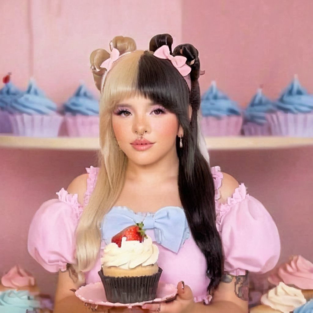 a girl who wears a pink swimsuit with several bows, she is in a world of cakes, therefore there are big cakes, cupcakes and sweets in the background, the girl has fluffy blonde and black hair in addition to having two small horns of the color of her hair on her head, black split dye, 4k, 18k, hairstyle, perfect face, After School, Melanie, Adele, Long hair, masterpiece high quality 18K, Hyperrealism, Realistic vision, rosy cheeks, realistic woman, a girl, Woman, best quality, woman, high quality, good lighting, A woman, with split hair, After School, girl, beauty, a girl who wears a pink swimsuit with several bows, she is in a world of cakes, therefore there are big cakes, cupcakes and sweets in the background, the girl has fluffy blonde and black hair in addition to having two small horns the color of her hair on her head, black split dye, the bakery, cake, cakes, strawberry shortcake, sweets, cupcakes, cupcake, sweets background, cake decoration, the bakery, the bakery, after school ep,Split dye hair,Black and  hair,Mullet hair,Bangs,hair horns,Black and blonde hair,hair horns 