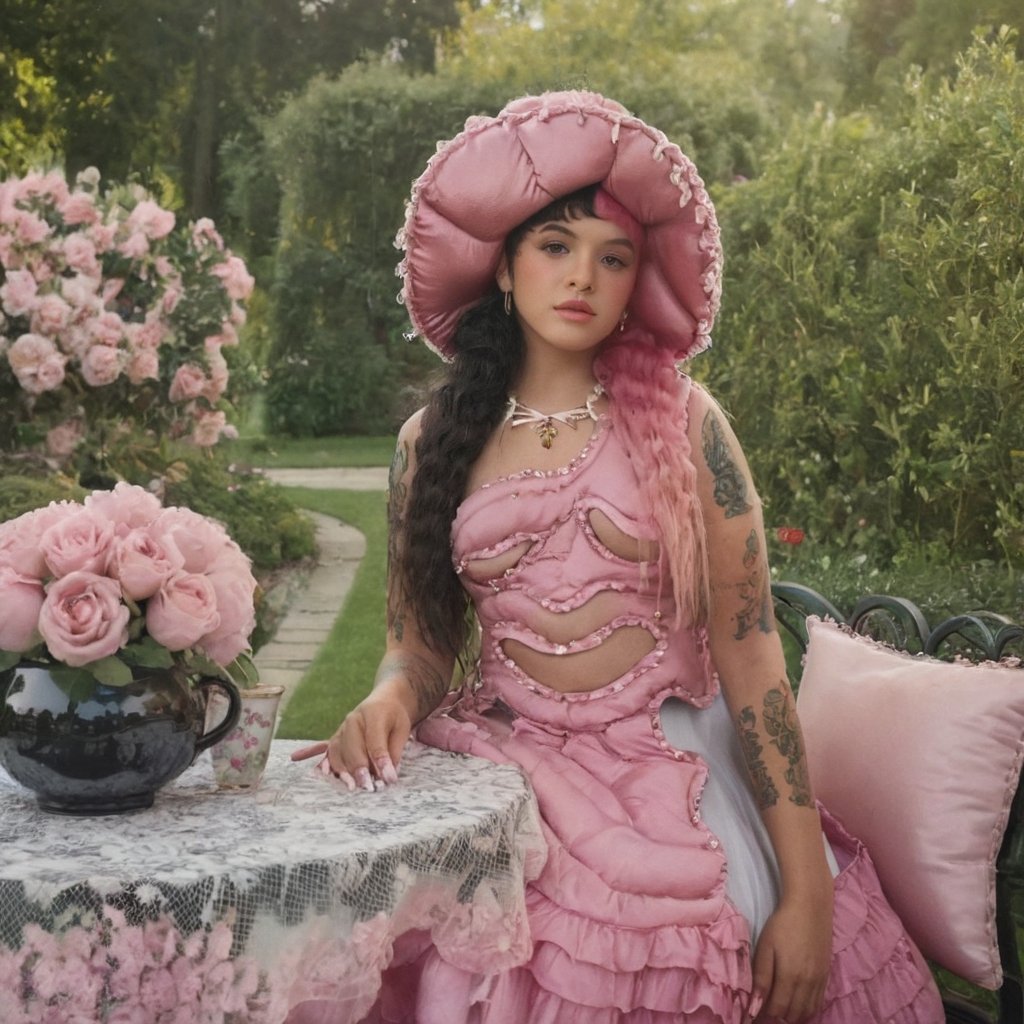 a girl who is sitting at a table ready for a tea hour, she along with the chairs and table is outside so in the background there is a beautiful garden with flowers, she wears a pink dress and a pink hat that matches her dress, the girl has fluffy pink and black hair ,black split dye, 4k, 18k, hairstyle, perfect face, After School, Melanie, Adele, Long hair, masterpiece high quality 18K, Hyperrealism, Realistic vision, rosy cheeks, realistic woman, a girl, Woman, best quality, woman, high quality, good lighting, A woman, with split hair, After School, girl, beauty, a girl who is sitting at a table ready for a tea hour, she along with the chairs and table is Outside, in the background there is a beautiful garden with flowers, she wears a pink dress and a pink hat that matches her dress, she has pink and black curly fluffy hair, black split dye, garden, tea time, elegant table , elegant chairs, elegant tea cups and roses, garden, flowers, bushes, pink, elegant, tea time in the garden