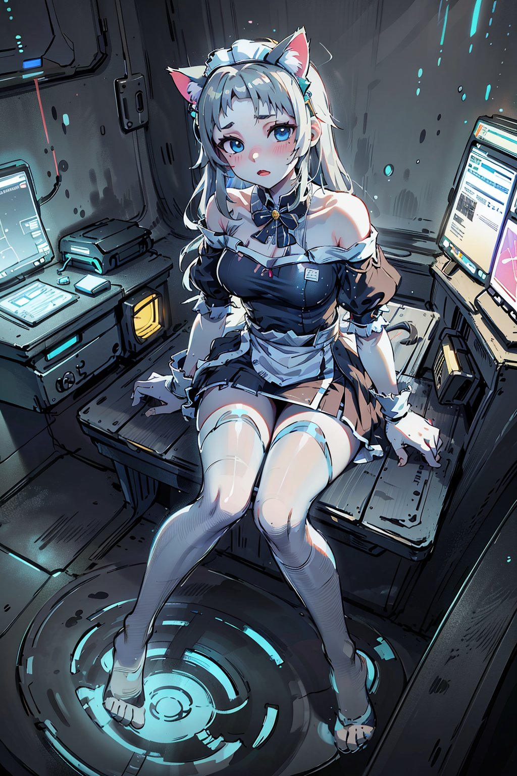 (bird eye view), best quality, 4k, 8k, highres, masterpiece:1.5, ultra-detailed, beautiful face,1girl,solo,long hair,looking at viewer, (((Holographic form))) of a young woman in her mid-20s, ((Long, flowing silver hair that moves as if underwater)), Bright electric blue eyes with circuit-like patterns in the iris, Slender, graceful build with slightly elongated limbs, Facial features are a perfect blend of various human ethnicities, Sleek, wearing (((maid_uniform, off-shoulder))) that seems to be made of liquid light, Projects holographic screens and interfaces around her, Wears a delicate, glowing circlet on her forehead that serves as her primary processing unit, Research Facility_background, lovely, blushing,( cat_ears, cat_tail), sitting on chair, legs_open