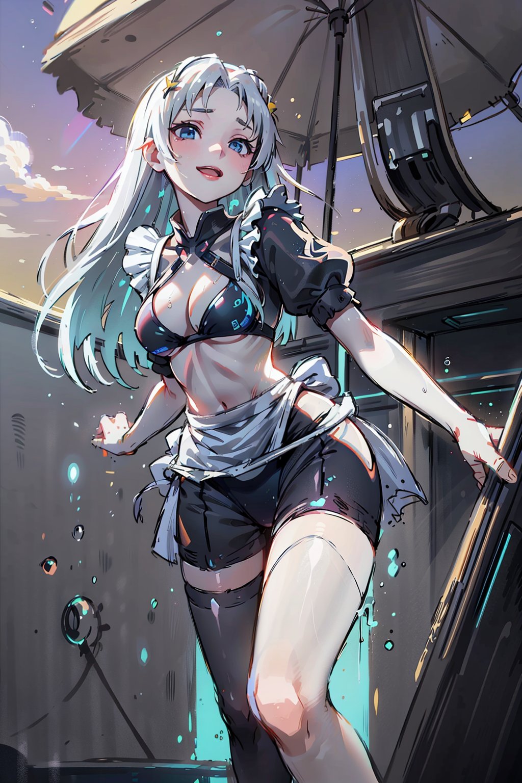  best quality, 4k, 8k, highres, masterpiece:1.5, ultra-detailed, beautiful face,1girl,solo,long hair,looking at viewer, (((Holographic form))) of a young woman in her mid-20s, ((Long, flowing silver hair that moves as if underwater)), Bright electric blue eyes with circuit-like patterns in the iris, Slender, graceful build with slightly elongated limbs, Facial features are a perfect blend of various human ethnicities, Sleek, wearing (((black and white maid_uniform bikini))) that seems to be made of liquid light, Wears a delicate, glowing circlet on her forehead that serves as her primary processing unit,  (((beach_background))), lovely, blushing, Data Processing Equipment, smile, down_view, bow down, beach_umbrella, beach_chairs, (sunset), 