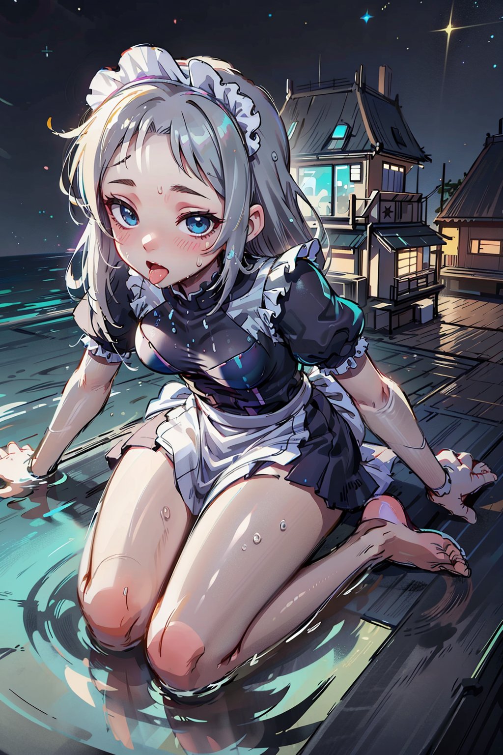 (down view, back view), best quality, 4k, 8k, highres, masterpiece:1.5, ultra-detailed, beautiful face,1girl,solo,long hair,looking at viewer, (((Holographic form))) of a young woman in her mid-20s, ((Long, flowing silver hair that moves as if underwater)), Bright electric blue eyes with circuit-like patterns in the iris, Slender, graceful build with slightly elongated limbs, Facial features are a perfect blend of various human ethnicities, Sleek, wearing (((short maid_uniform))) that seems to be made of liquid light, Wears a delicate, glowing circlet on her forehead that serves as her primary processing unit,  (((beach_background))), lovely, blushing, kneeling_down, (((night, many stars))), shy, mouth_open, wet, half closed_eyes