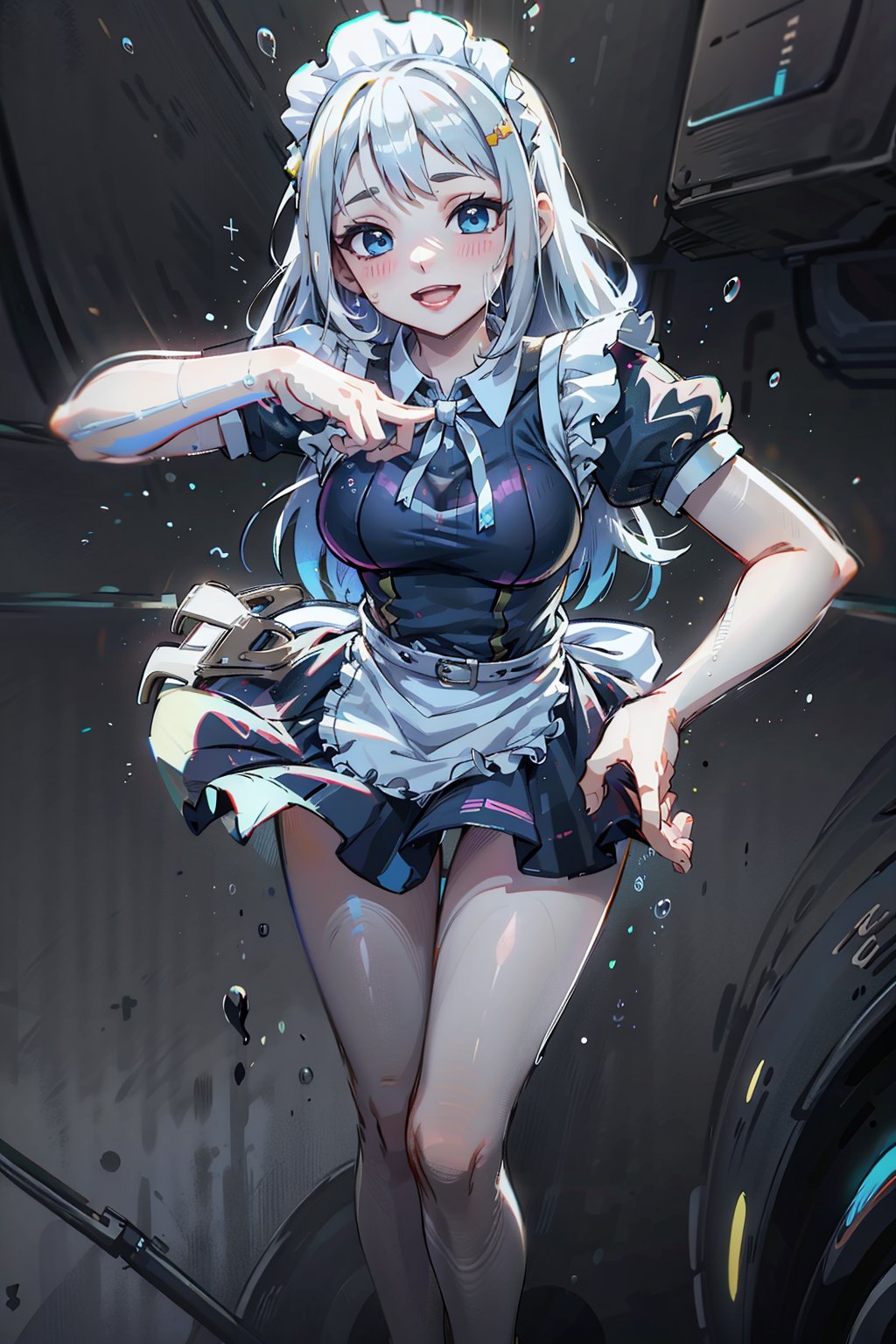 floor view, best quality, 4k, 8k, highres, masterpiece:1.5, ultra-detailed, beautiful face,1girl,solo,long hair,looking at viewer, (((Holographic form))) of a young woman in her mid-20s, ((Long, flowing silver hair that moves as if underwater)), Bright electric blue eyes with circuit-like patterns in the iris, Slender, graceful build with slightly elongated limbs, Facial features are a perfect blend of various human ethnicities, Sleek, wearing (((maid_uniform))) that seems to be made of liquid light, Projects holographic screens and interfaces around her, Wears a delicate, glowing circlet on her forehead that serves as her primary processing unit,  tablet_background, lovely, blushing, big smile