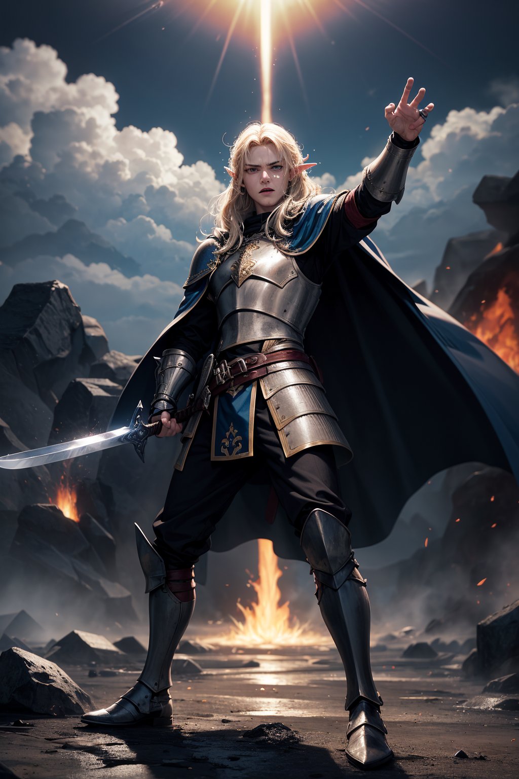 Image adjectives: Fierce, imposing, heroic, determined.
Shot type: Medium shot.
Subject/Character: Glorfindel, one of the greatest elven warriors.
Pose Details: In the heat of battle, Glorfindel stands with his legs apart for balance and his body slightly turned as he prepares to attack.
His sword is raised, shining with an ethereal light,
while his other hand is extended forward, fingers extended as if he is commanding the forces around him.
Physical Details: His golden hair flows wildly around him, catching the light of the raging fires of Mordor. His eyes are fierce,
filled with the determination and concentration of a seasoned warrior. Sweat and dirt run down his face.
but his expression remains firm and he wears golden armor from chest to foot.
Clothing: He wears gleaming golden armor that reflects the chaos of battle, with intricate elvish carvings that appear to glow.
His cloak, though tattered from combat, still waves behind him like a banner. His boots are covered with the dark mud of Mordor,
and his belt fits several pouches and a dagger for hand-to-hand combat.
Location: On the shores of a volcano.