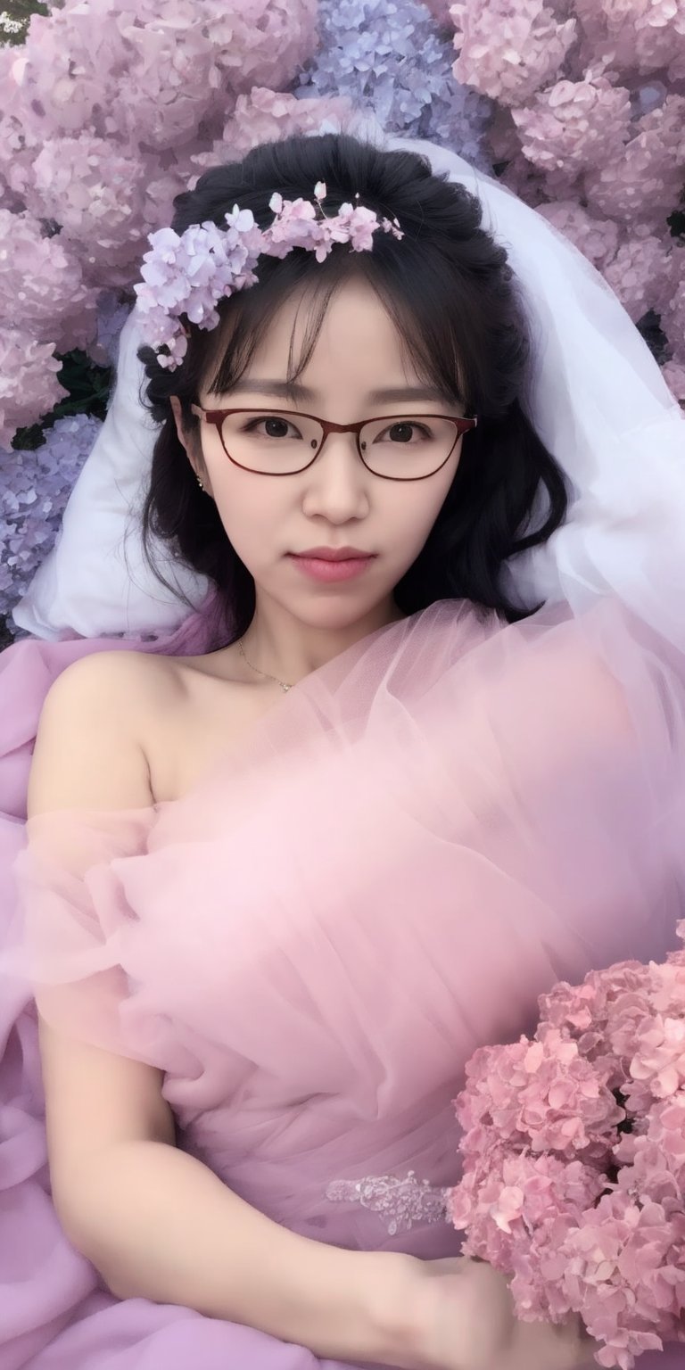 Surrealistic digital painting of a young woman with fair skin, Wearing women's glasses.curly fair hair, delicate facial features, enshrouded in a graceful, light pink fabric, slumbering among a plush hydrangea bed of pink and white blossoms, creating a dreamy, ethereal ambiance, palette consisting largely of pinks, whites, and lilacs, invoking a sense of serenity and tranquility, painterly strokes result in. A soft-focused portrait of a young woman with fair skin and curly brown hair with bangs, her delicate facial features illuminated by the gentle glow of a subtle pink fabric wrap. She slumbers amidst a plush hydrangea bed, where pink and white blossoms gently unfold, creating a dreamy, ethereal ambiance. Brushstrokes whisper whispers of pinks, whites, and lilacs, weaving a tapestry of serenity and tranquility. burlesque,shabby chic, fine art, epic, Boho gypsy, marquise, duchesse, dark fantasy.Wearing women's glasses