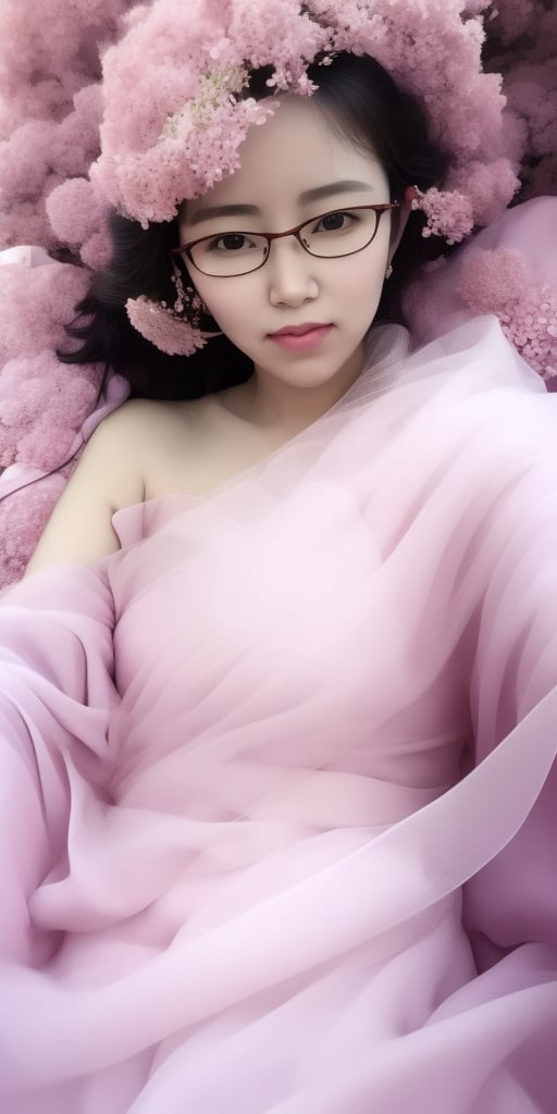 Surrealistic digital painting of a young woman with fair skin, Wearing women's glasses.curly fair hair, delicate facial features, enshrouded in a graceful, light pink fabric, slumbering among a plush hydrangea bed of pink and white blossoms, creating a dreamy, ethereal ambiance, palette consisting largely of pinks, whites, and lilacs, invoking a sense of serenity and tranquility, painterly strokes result in. A soft-focused portrait of a young woman with fair skin and curly brown hair with bangs, her delicate facial features illuminated by the gentle glow of a subtle pink fabric wrap. She slumbers amidst a plush hydrangea bed, where pink and white blossoms gently unfold, creating a dreamy, ethereal ambiance. Brushstrokes whisper whispers of pinks, whites, and lilacs, weaving a tapestry of serenity and tranquility. burlesque,shabby chic, fine art, epic, Boho gypsy, marquise, duchesse, dark fantasy.Wearing women's glasses