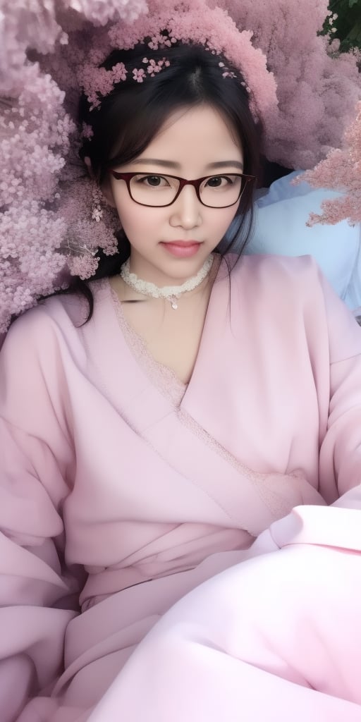 Surrealistic digital painting of a young woman with fair skin, Wearing women's glasses.curly fair hair, delicate facial features, enshrouded in a graceful, light pink fabric, slumbering among a plush hydrangea bed of pink and white blossoms, creating a dreamy, ethereal ambiance, palette consisting largely of pinks, whites, and lilacs, invoking a sense of serenity and tranquility, painterly strokes result in. A soft-focused portrait of a young woman with fair skin and curly brown hair with bangs, her delicate facial features illuminated by the gentle glow of a subtle pink fabric wrap. She slumbers amidst a plush hydrangea bed, where pink and white blossoms gently unfold, creating a dreamy, ethereal ambiance. Brushstrokes whisper whispers of pinks, whites, and lilacs, weaving a tapestry of serenity and tranquility. burlesque,shabby chic, fine art, epic, Boho gypsy, marquise, duchesse, dark fantasy.Wearing women's glasses