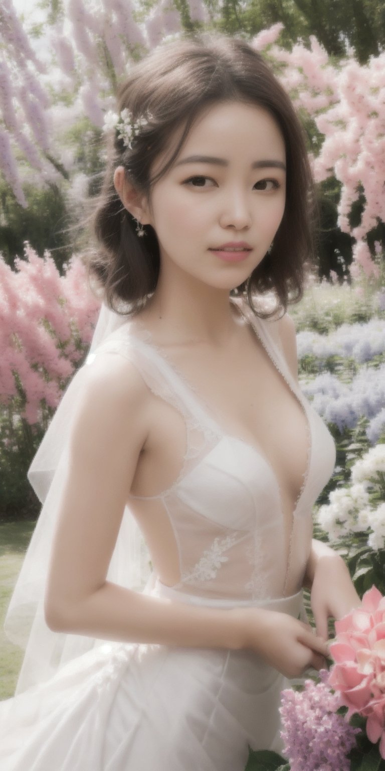 Surrealistic digital painting of a young woman with fair skin, 
White wedding dress, wedding photos,
curly fair hair, delicate facial features, enshrouded in a graceful, light pink fabric, slumbering among a plush hydrangea bed of pink and white blossoms, creating a dreamy, ethereal ambiance, palette consisting largely of pinks, whites, and lilacs, invoking a sense of serenity and tranquility, painterly strokes result in. A soft-focused portrait of a young woman with fair skin and curly brown hair with bangs, her delicate facial features illuminated by the gentle glow of a subtle pink fabric wrap. She slumbers amidst a plush hydrangea bed, where pink and white blossoms gently unfold, creating a dreamy, ethereal ambiance. Brushstrokes whisper whispers of pinks, whites, and lilacs, weaving a tapestry of serenity and tranquility. burlesque,shabby chic, fine art, epic, Boho gypsy, marquise, duchesse, dark fantasy.
White wedding dress, wedding photos,