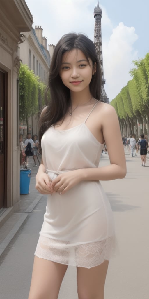 masterpiece,  4k resolution, (1 girl),Surrealistic digital painting of a young woman with fair skin,  invoking a sense of serenity and tranquility, painterly strokes result in.This soft-focus portrait depicts a young woman with fair skin, curly brown hair with bangs, 
wearing a beautiful dress.
A girl with a beaming, radiant smile is standing in front of the Eiffel Tower on a Parisian plaza, with the majestic Eiffel Tower prominently in view. According to