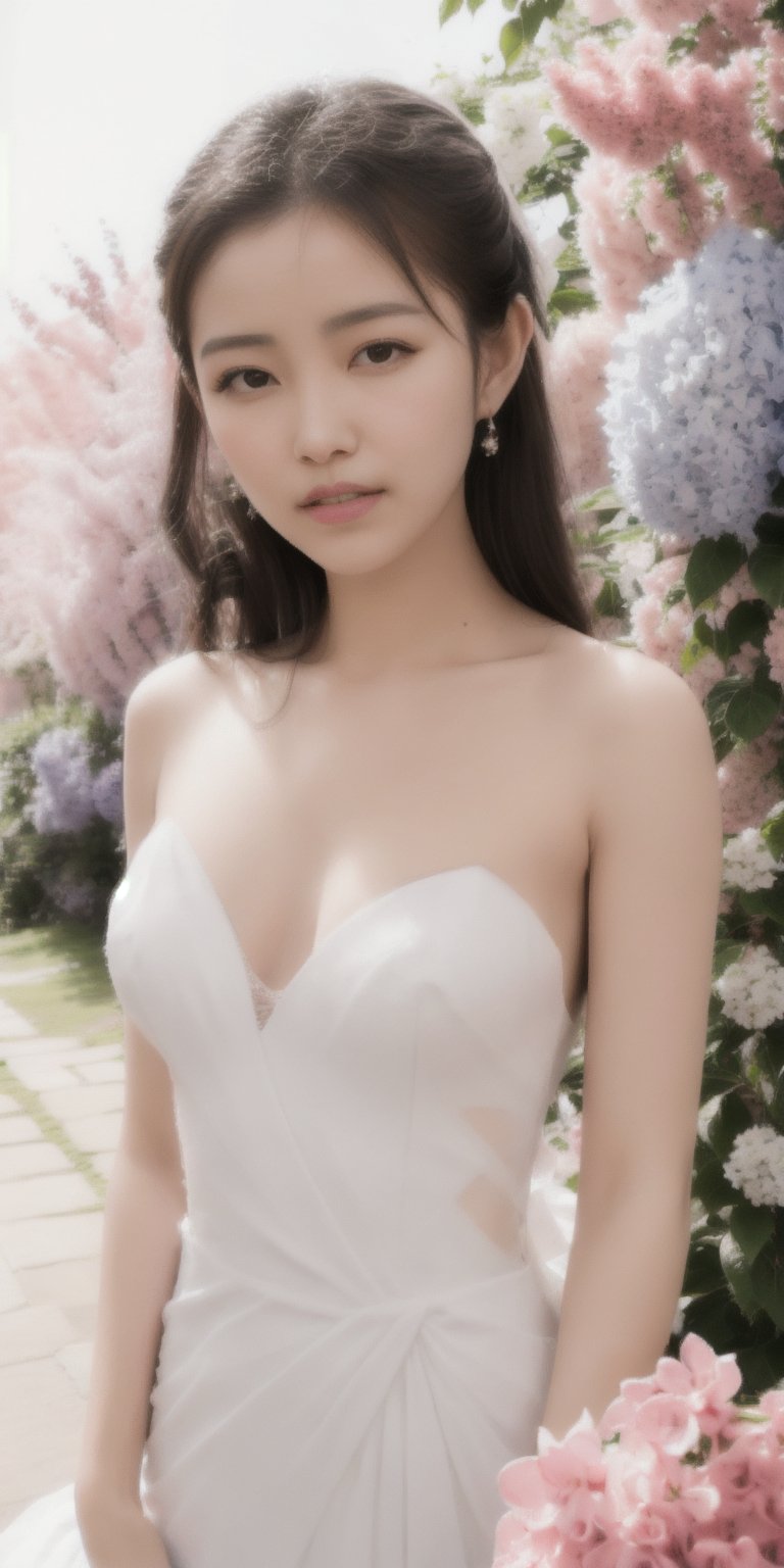 Surrealistic digital painting of a young woman with fair skin, 
White wedding dress, wedding photos,
curly fair hair, delicate facial features, enshrouded in a graceful, light pink fabric, slumbering among a plush hydrangea bed of pink and white blossoms, creating a dreamy, ethereal ambiance, palette consisting largely of pinks, whites, and lilacs, invoking a sense of serenity and tranquility, painterly strokes result in. A soft-focused portrait of a young woman with fair skin and curly brown hair with bangs, her delicate facial features illuminated by the gentle glow of a subtle pink fabric wrap. She slumbers amidst a plush hydrangea bed, where pink and white blossoms gently unfold, creating a dreamy, ethereal ambiance. Brushstrokes whisper whispers of pinks, whites, and lilacs, weaving a tapestry of serenity and tranquility. burlesque,shabby chic, fine art, epic, Boho gypsy, marquise, duchesse, dark fantasy.
White wedding dress, wedding photos,