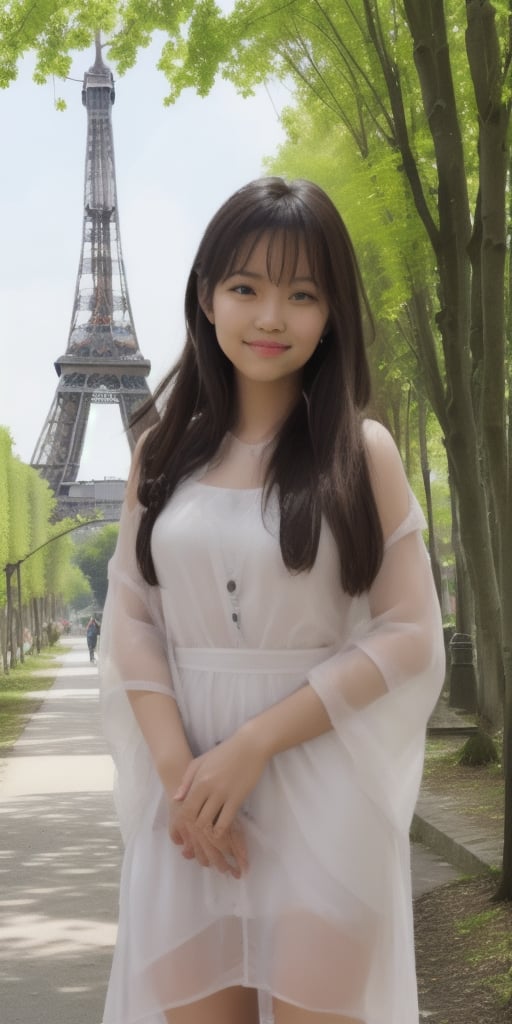 masterpiece,  4k resolution, (1 girl),Surrealistic digital painting of a young woman with fair skin,  invoking a sense of serenity and tranquility, painterly strokes result in.This soft-focus portrait depicts a young woman with fair skin, curly brown hair with bangs, 
wearing a beautiful dress.
A girl with a beaming, radiant smile is standing in front of the Eiffel Tower on a Parisian plaza, with the majestic Eiffel Tower prominently in view. According to