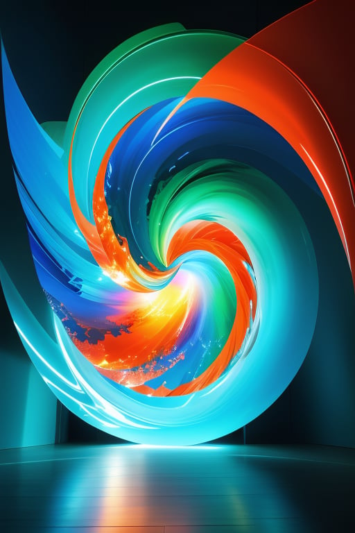 Envision an abstract, vibrant artwork with a striking 3D illusion: A balanced composition of fluid shapes and bold colors, with swirls of electric blues, fiery oranges, and lush greens interwoven in a harmonious dance. The artwork features dynamic curves and lines that appear to pop out from the canvas, creating a sense of depth and movement that draws the viewer in. Each element is carefully placed to maintain visual equilibrium, with a focal point where the colors converge, enhancing the 3D effect. The lighting is soft yet dramatic, casting precise highlights and shadows that accentuate the artwork's three-dimensional feel, making the shapes seem to float and interact with one another. The scene is framed to emphasize the abstract nature of the piece, with the vibrant elements balanced and arranged to create a visually stunning and immersive experience, challenging the viewer's perception of space and form.