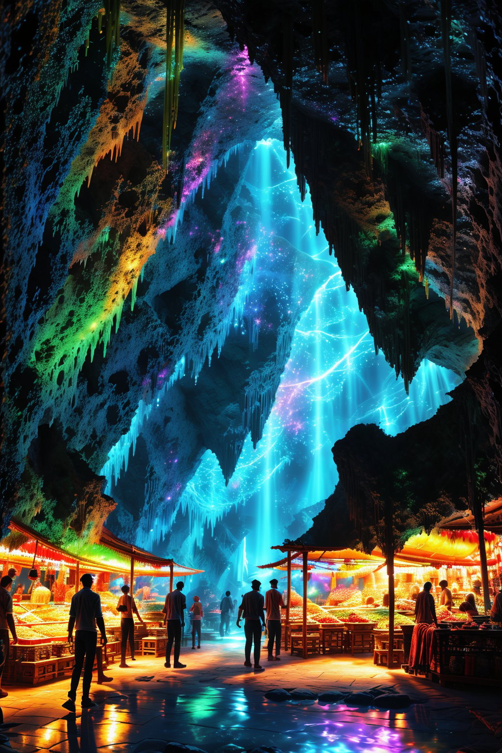 Create a dynamic, high-contrast scene that combines elements of vibrancy, mystery, and natural beauty. The setting is an ancient, hidden grotto illuminated by bioluminescent algae, with a vibrant, colorful underwater market nearby. The scene is framed with a wide-angle view, capturing the grotto's intricate rock formations and the bustling market with stalls selling bright fruits and textiles. The lighting is intense, with the bioluminescent algae casting a soft, ethereal glow that contrasts sharply with the warm, golden light of the market. People are engaged in various activities, adding to the lively atmosphere. The composition emphasizes the interplay of light and shadow, with the vivid colors of the market goods and the mysterious, glowing algae creating a visually striking, otherworldly image.