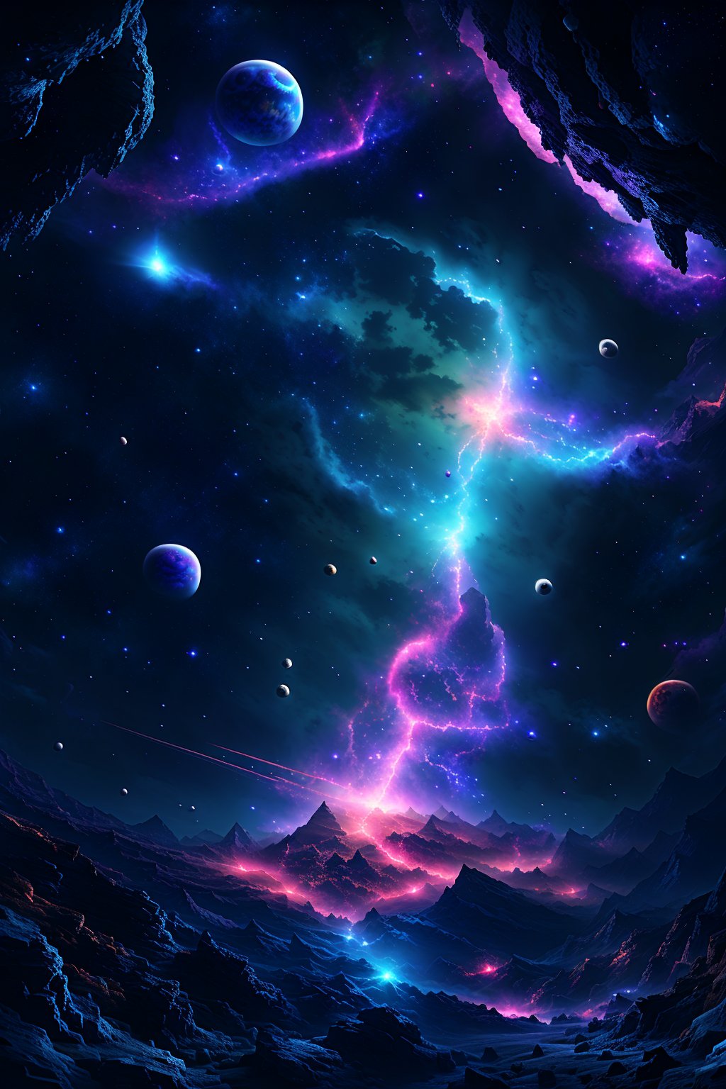 Craft a mysterious, colorful space scene with a wide-angle view of a distant galaxy, filled with swirling nebulae in vibrant hues of purple, blue, and pink. The composition includes a dark, starry background with a few bright stars and distant planets, creating a sense of depth and wonder. The nebulae are detailed with intricate patterns of gas and dust, illuminated by the intense light of a nearby supernova. The lighting is dramatic, with the nebulae casting a soft glow that contrasts with the deep, dark void of space. The overall effect is one of awe-inspiring mystery and beauty, capturing the vast, colorful expanse of the cosmos.