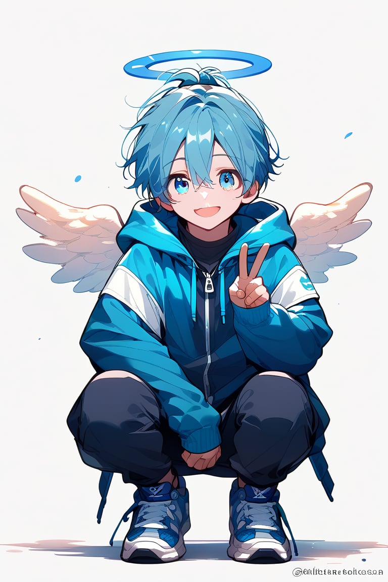 solo, looking at viewer, smile, short hair, open mouth, blue eyes, long sleeves, 1boy, white background, hair between eyes, blue hair, jacket, full body, ponytail, male focus, wings, shoes, hood, twitter username, sleeves past wrists, v, halo, squatting, hood down, blue jacket, sneakers, short ponytail, angel wings, blue footwear, angel