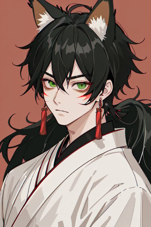 solo, long hair, looking at viewer, black hair, 1boy, animal ears, jewelry, closed mouth, green eyes, upper body, male focus, earrings, japanese clothes, kimono, animal ear fluff, facial mark, tassel, ear piercing, red background, extra ears, egasumi,Yiff