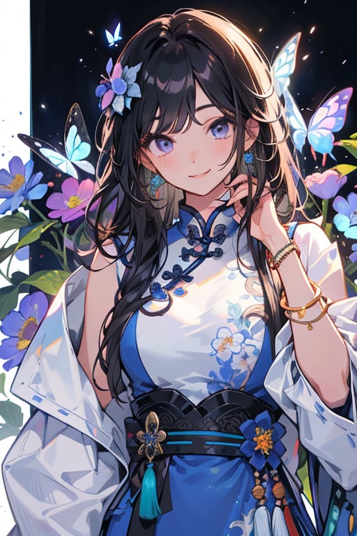 1girl, solo, long hair, looking at viewer, smile, bangs, blue eyes, black hair, hair ornament, long sleeves, dress, jewelry, closed mouth, purple eyes, upper body, flower, earrings, hand up, hair flower, bracelet, parted bangs, blue dress, chinese clothes, bug, butterfly, tassel, beads, tassel earrings