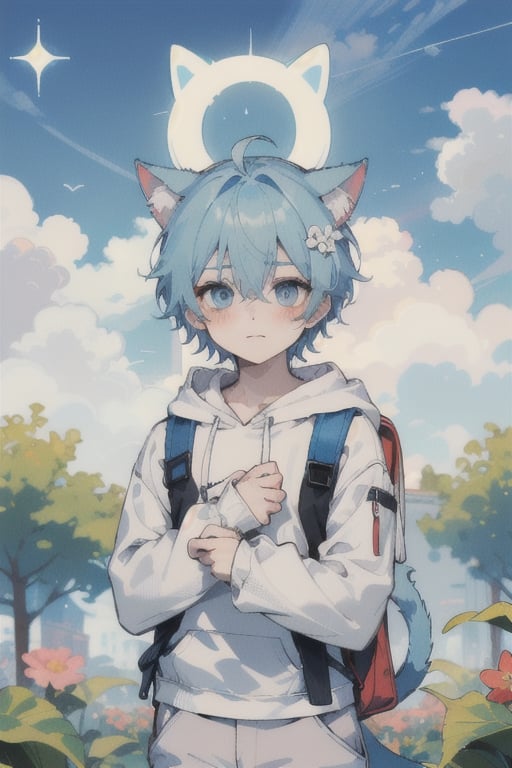 solo, looking at viewer, blush, short hair, blue eyes, hair ornament, long sleeves, 1boy, holding, animal ears, hair between eyes, closed mouth, blue hair, tail, flower, ahoge, male focus, outdoors, sky, day, cloud, cat ears, hood, bag, blue sky, cat tail, hoodie, :3, animal, cat, backpack, hood down, cloudy sky, cat boy