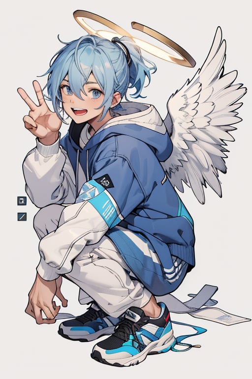 solo, looking at viewer, smile, short hair, open mouth, blue eyes, long sleeves, 1boy, white background, hair between eyes, blue hair, jacket, full body, ponytail, male focus, wings, shoes, hood, twitter username, sleeves past wrists, v, halo, squatting, hood down, blue jacket, sneakers, short ponytail, angel wings, blue footwear, angel