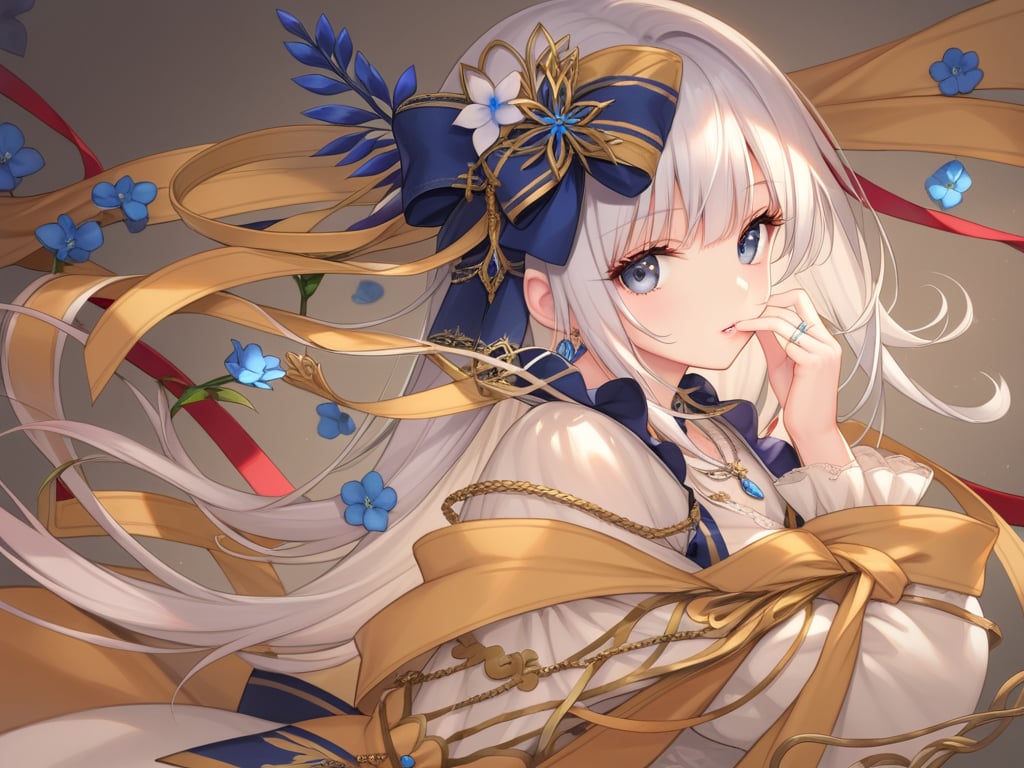 1girl, solo, long hair, looking at viewer, bangs, blue eyes, shirt, long sleeves, dress, bow, holding, jewelry, white shirt, upper body, flower, white hair, hair bow, earrings, parted lips, puffy sleeves, hand up, necklace, white dress, grey eyes, eyelashes, ring, white bow, puffy long sleeves, blue flower, holding flower