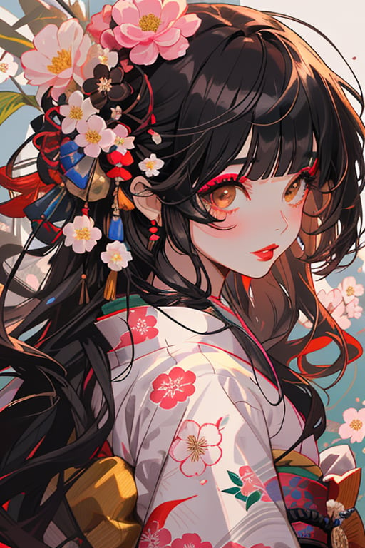 1girl, solo, long hair, looking at viewer, bangs, black hair, hair ornament, brown eyes, upper body, flower, japanese clothes, hair flower, blunt bangs, kimono, from side, looking to the side, makeup, floral print, white flower, straight hair, pink flower, red lips