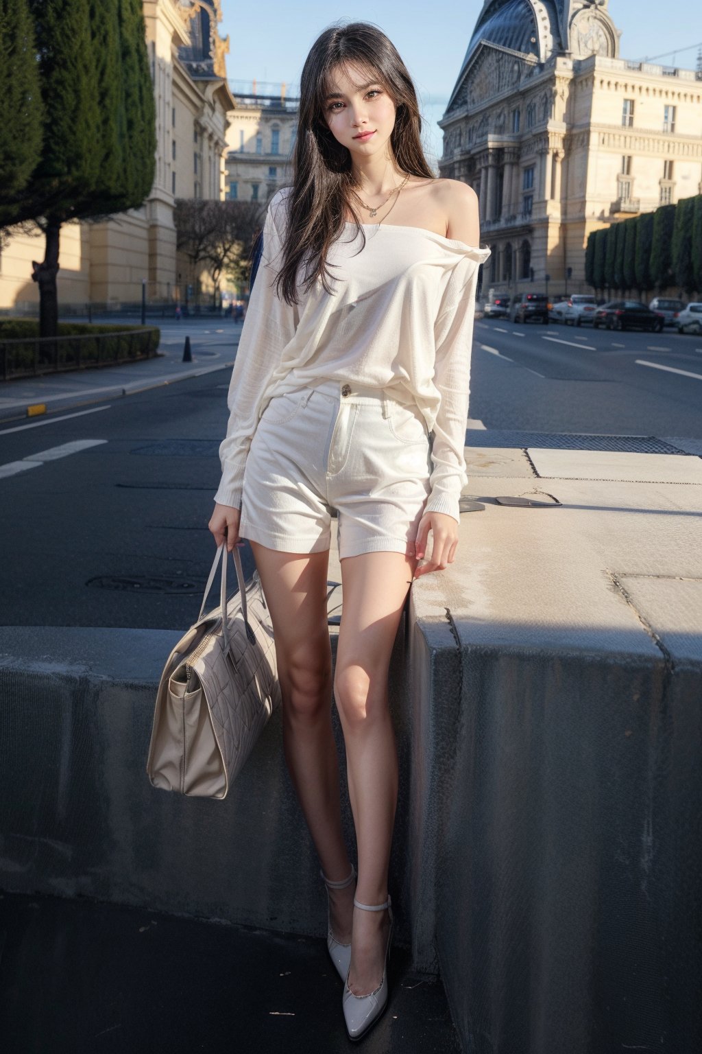 Louvre museum in Paris,standing at the center of square,16 yo,beautiful girl,fashion model,very long hair,curly hair,grey hair,tall,slim body,wearing white collared shirts(long sleeve),short pants and heels,shoulder bag,tiny necklace,smile,Best Quality, 32k, photorealistic, ultra-detailed, finely detailed, high resolution, perfect dynamic composition, beautiful detailed eyes, sharp-focus, cowboy sh