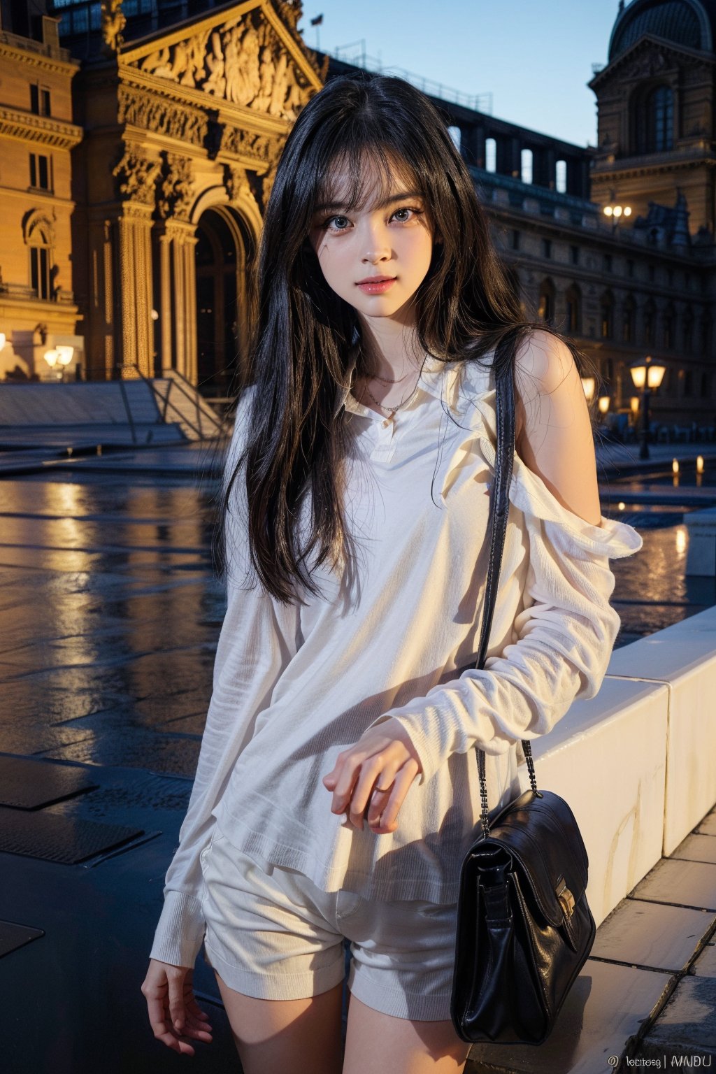 Louvre museum in Paris,standing at the center of square,16 yo,beautiful girl,fashion model,very long hair,curly hair,grey hair,tall,slim body,wearing white collared shirts(long sleeve),short pants and heels,shoulder bag,tiny necklace,smile,Best Quality, 32k, photorealistic, ultra-detailed, finely detailed, high resolution, perfect dynamic composition, beautiful detailed eyes, sharp-focus, cowboy sh