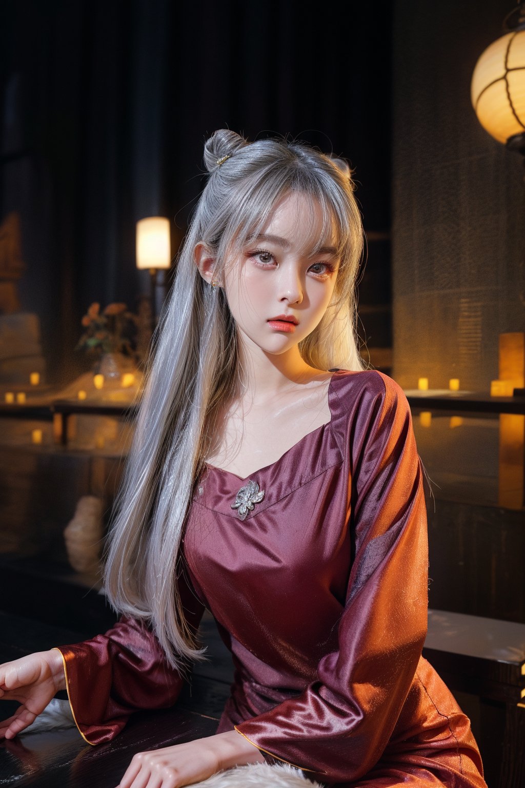 1girl, long hair, SILVER hair, hair ornament, long sleeves, 1boy, dress, jewelry, sitting, upper body, earrings, hair bun, chinese clothes, red dress, single hair bun, hanfu